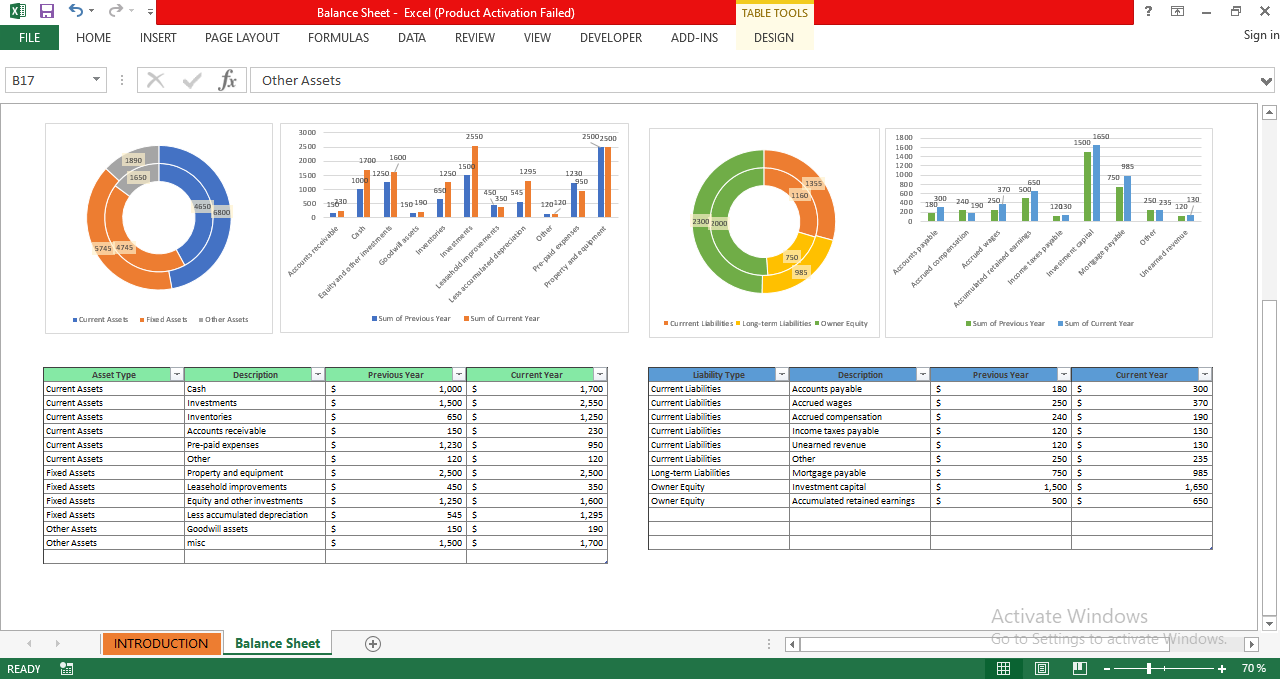 Complete Balance Sheet Excel template with automated charts, tables, financial summary, and visual analytics.