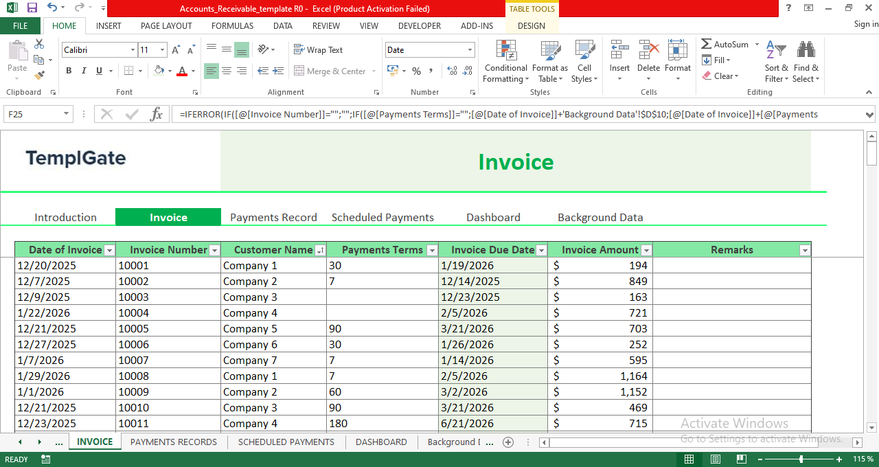 Invoice entry sheet in Accounts Receivable Excel Template with fields for date, invoice number, customer name, payment terms, due date, amount, and remarks.