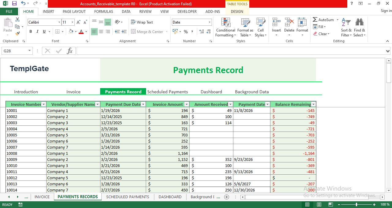 Payments Record sheet in Accounts Receivable Excel Template showing invoice numbers, vendors, due dates, amounts received, payment dates, and remaining balances.
