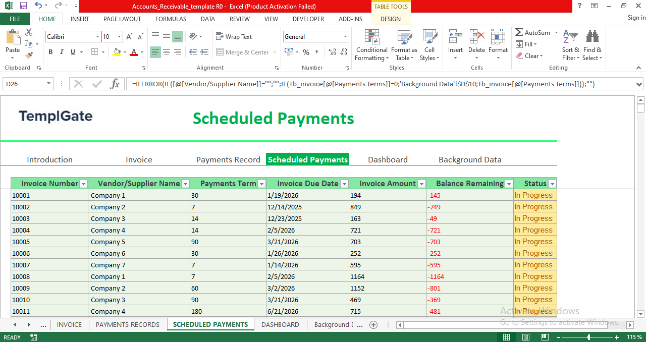 Scheduled Payments sheet from Accounts Receivable Excel Template featuring invoice details, payment terms, due dates, amounts, remaining balance, and auto-generated payment status.