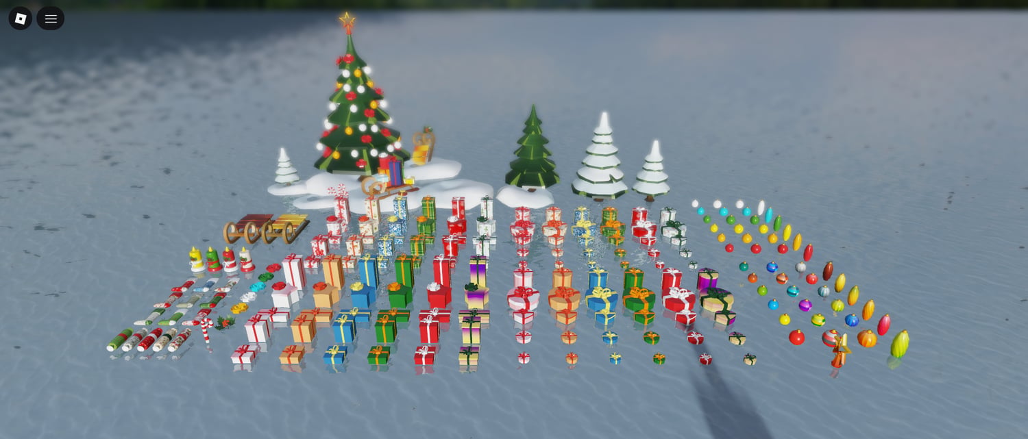 winter scene with gifts and christmas trees roblox