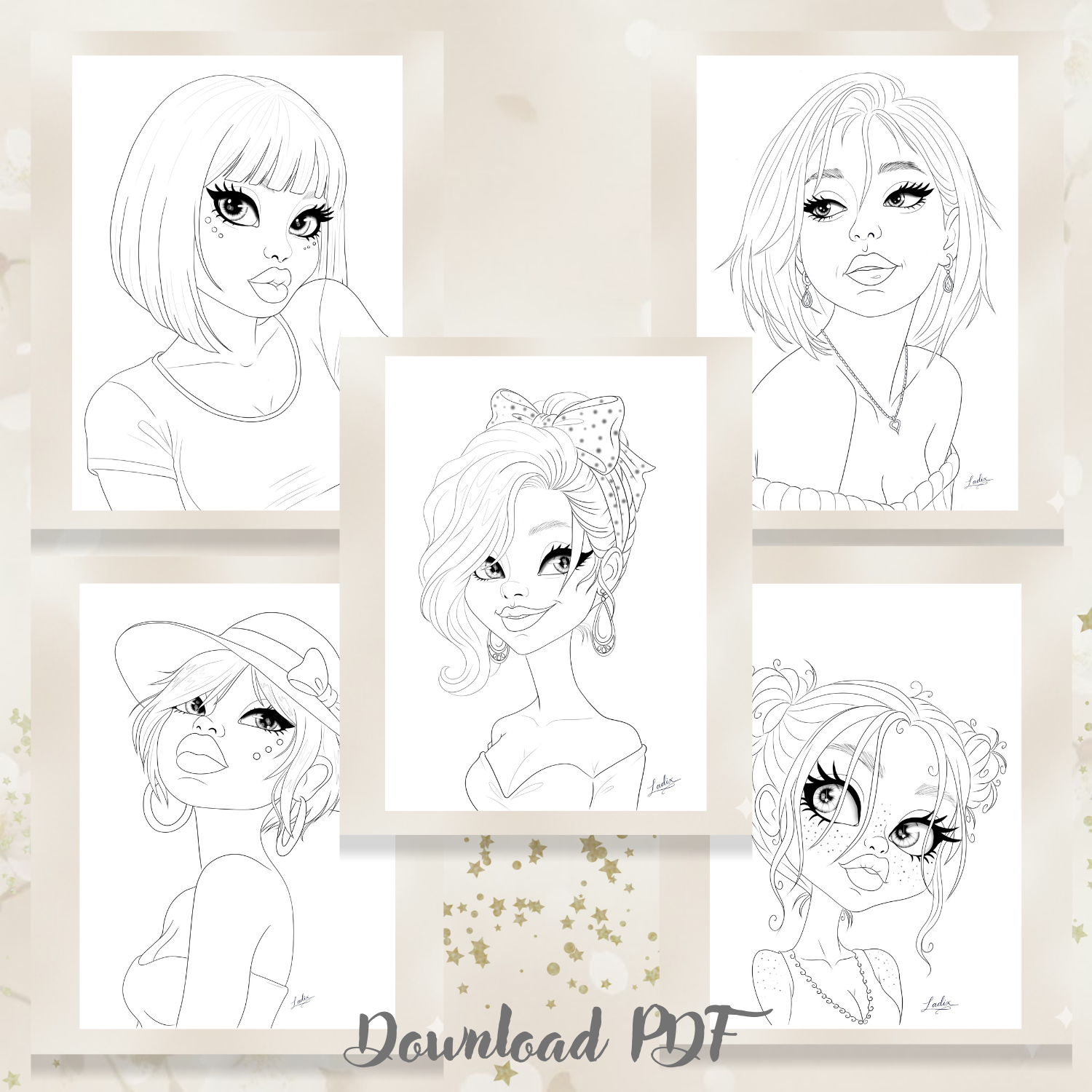 Female Portraits, Coloring Pack, Adult Coloring Pages, Instant Download.