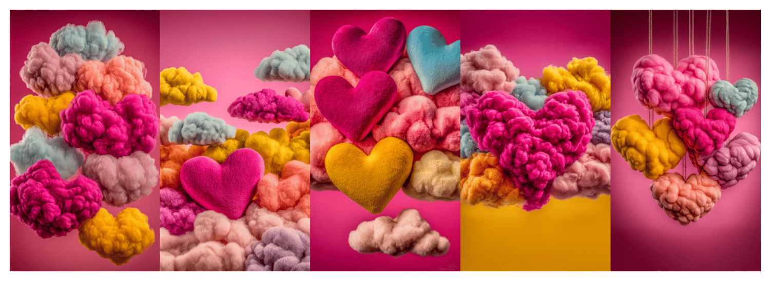 aperçu du pack MIU Fluffy Hearts – 5 fonds Story & Reels 9:16 pour entrepreneurs, design coloré pour Instagram et Facebook