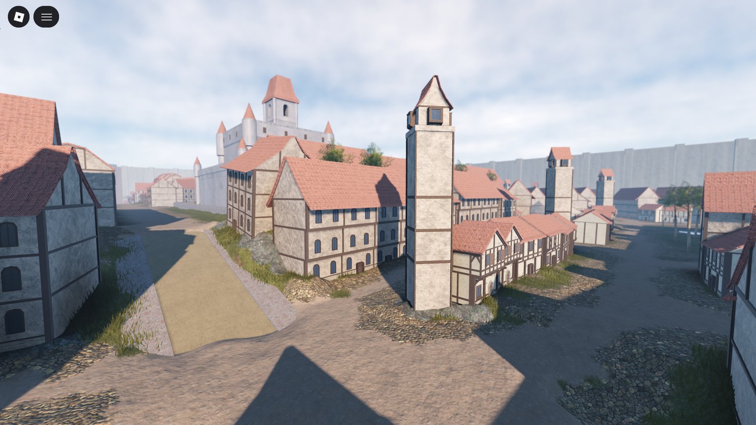 Courtyard inside the castle with fountains and seating areas