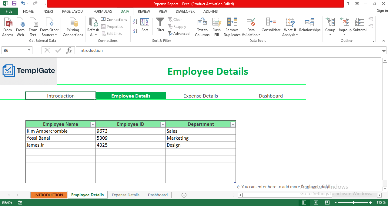 "Employee details table in Excel listing employee names, IDs, and departments for expense reporting."