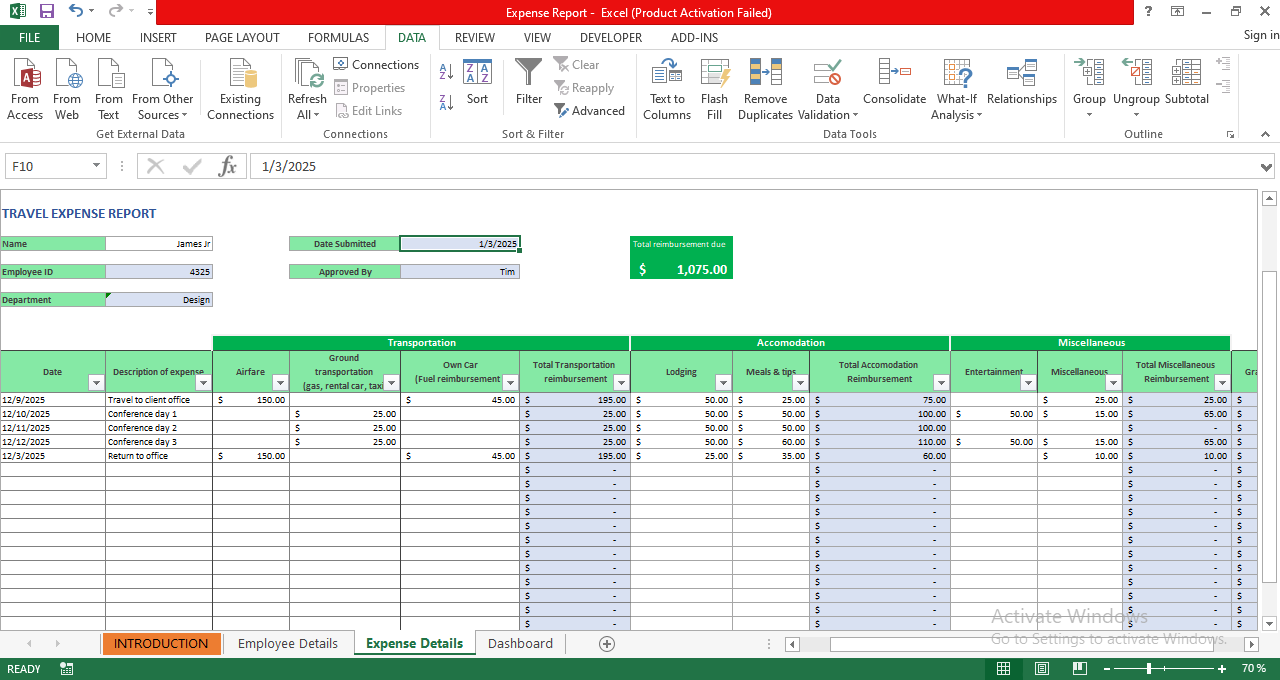 "Travel expense report sheet with categorized expenses, automatic reimbursement calculations, and color-coded sections."