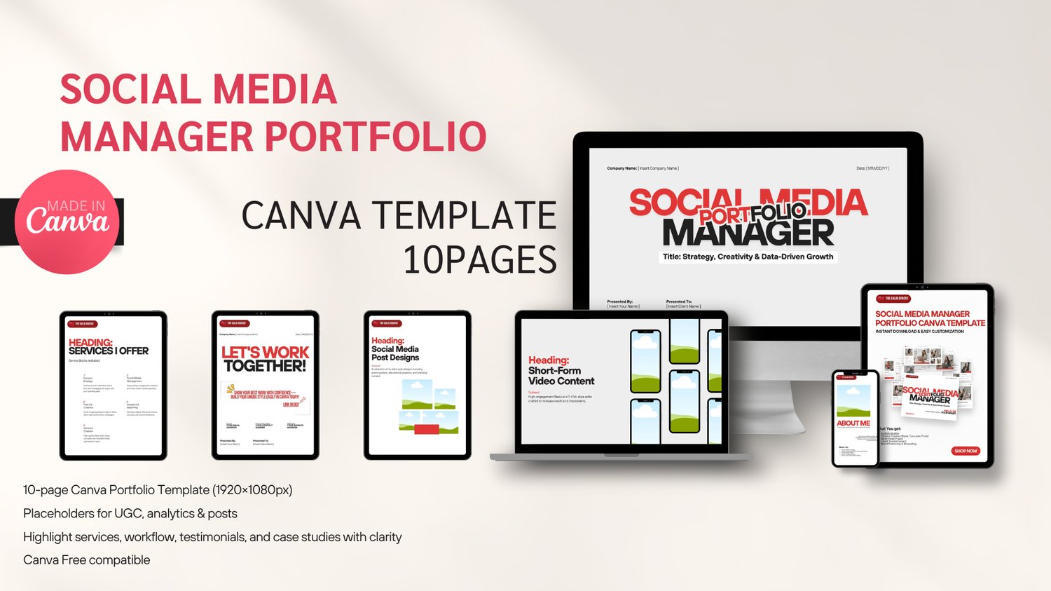 A mockup of a 10-page Canva Template for a Social Media Manager Portfolio, shown on a desktop, tablet, and phone screen, featuring various layouts.