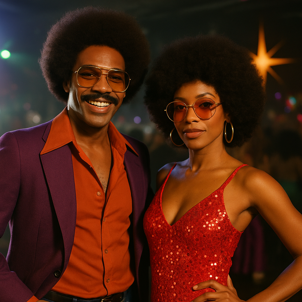 Couple style funk et disco des années 70 avec afros, lunettes teintées et tenues rétro dans une ambiance de piste de danse.