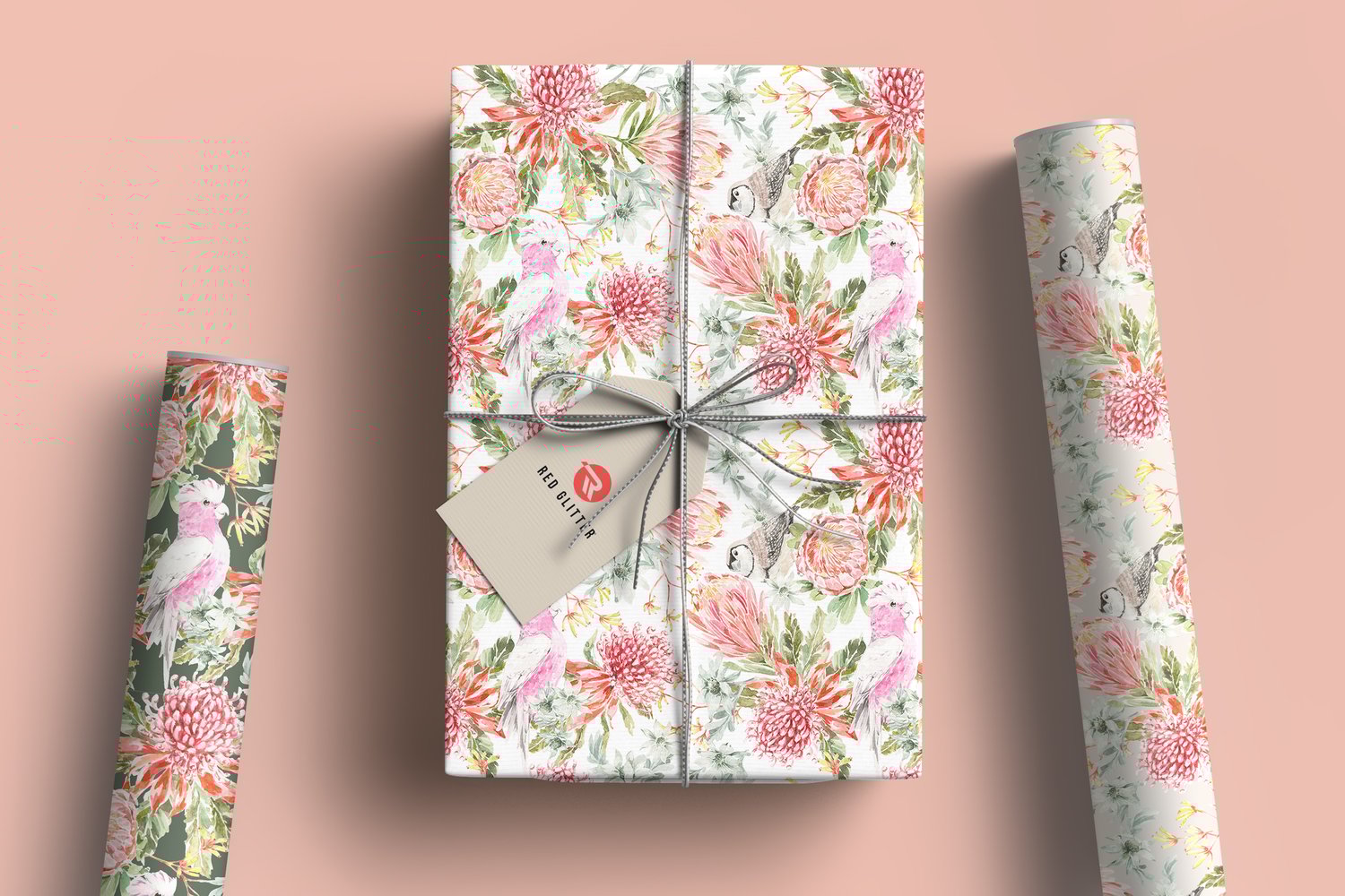 janiel hsieh red glitter brand hand painted watercolor australian naitve botanical florals birds gift wrapping papers