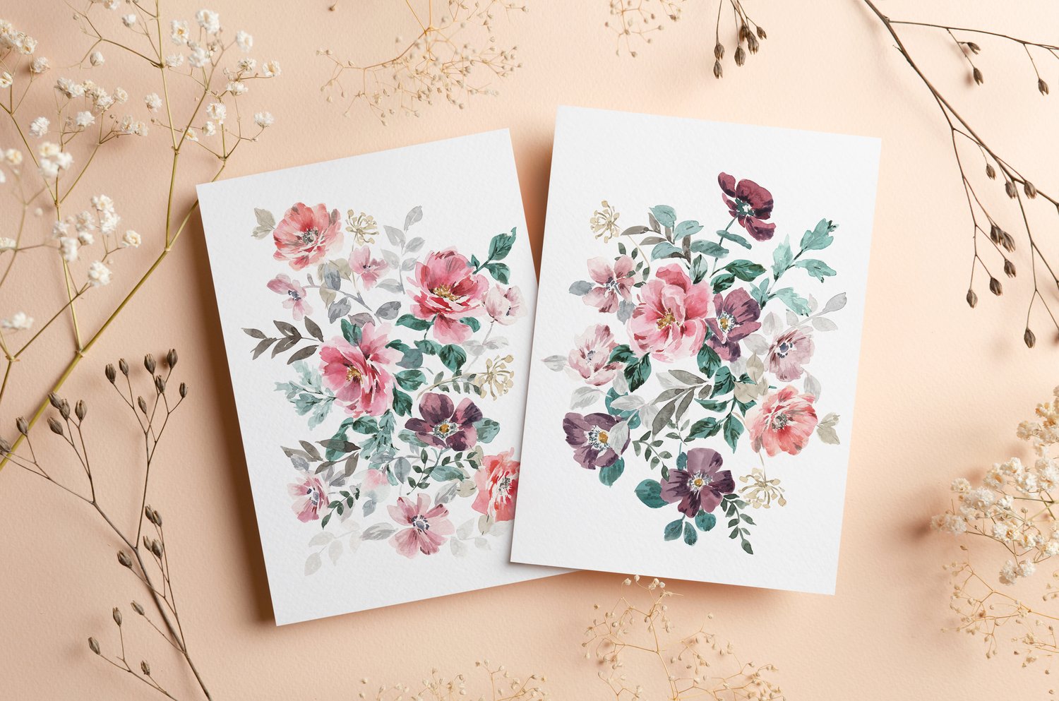 janiel hsieh red glitter brand hand painted watercolor florals greeting cards set of two print