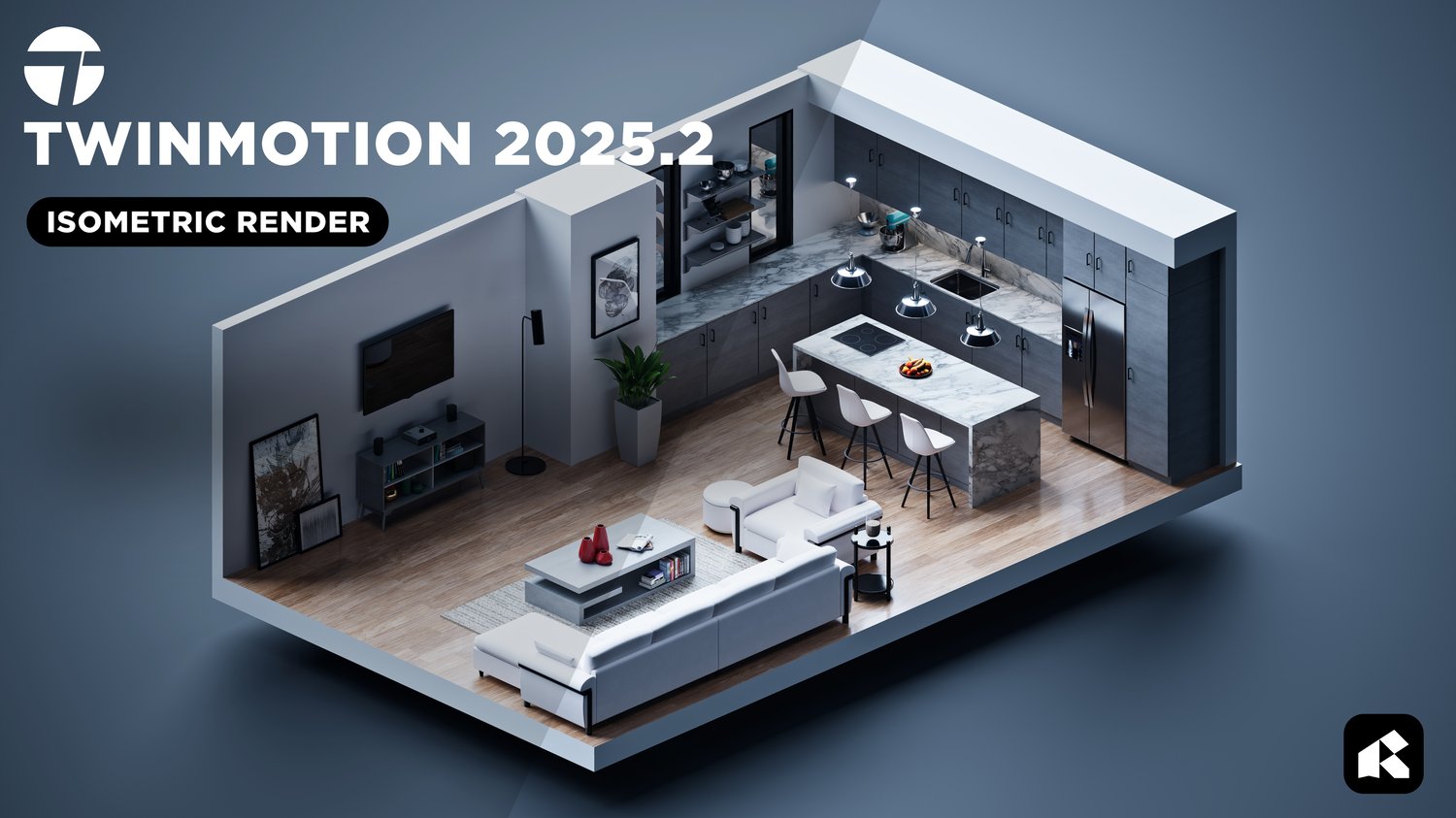 Isometric interior render created in Twinmotion 2025.2 showcasing a modern open-concept kitchen and living room with marble countertops, bar seating, contemporary furniture, and realistic lighting.