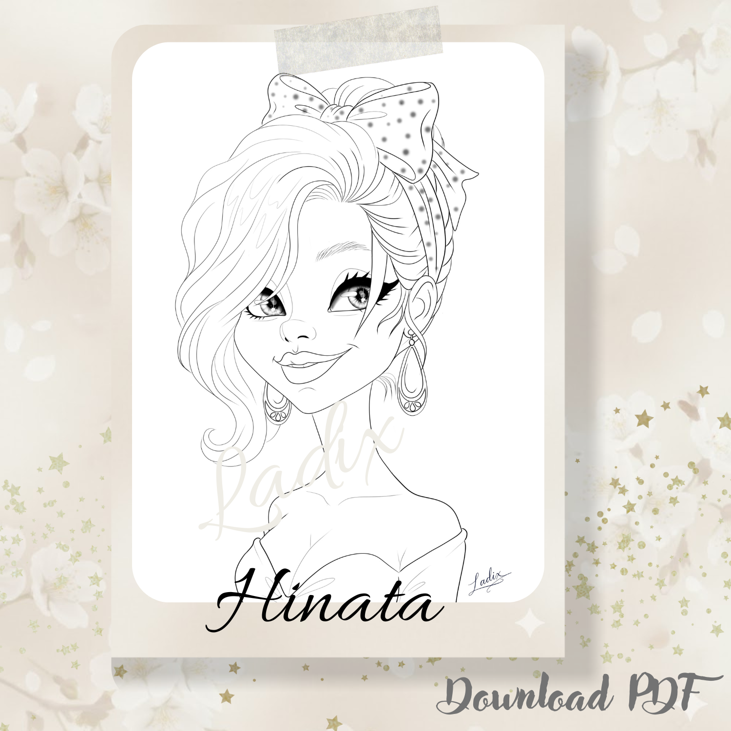 Hinata – Illustration à colorier poétique | Coloriage adulte relaxant | PDF imprimable instantané