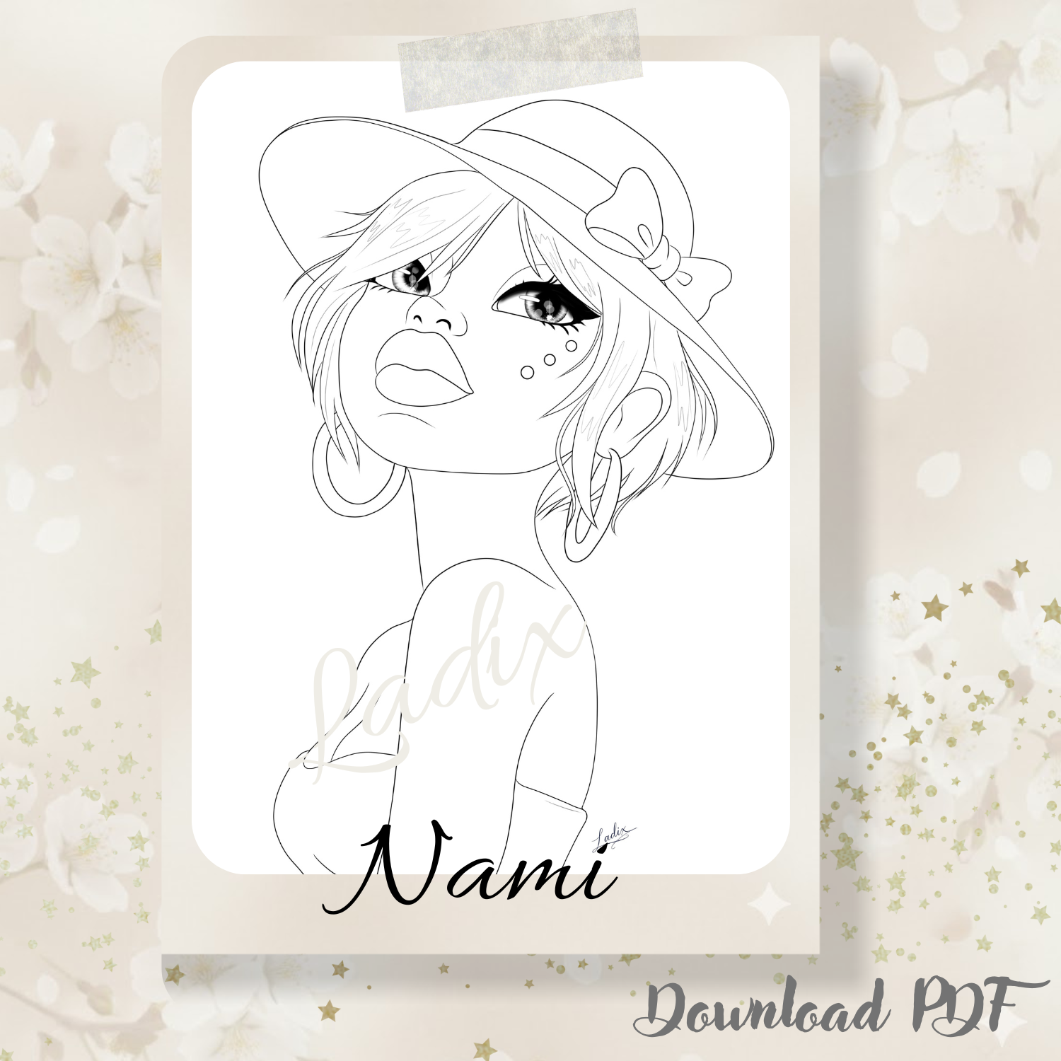 Nami – Illustration à colorier poétique | Coloriage adulte relaxant | PDF imprimable instantané