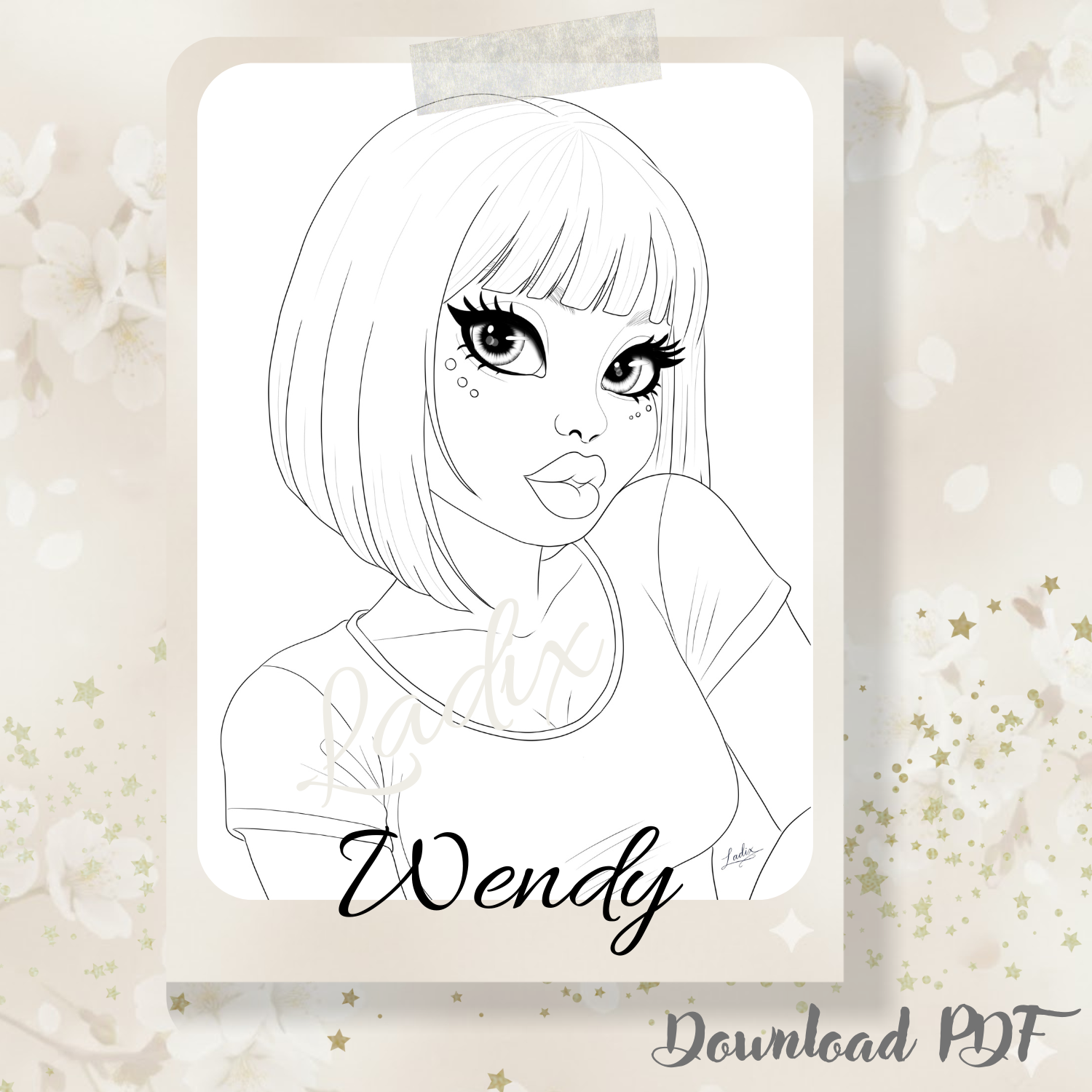 endy – Illustration à colorier poétique | Coloriage adulte relaxant | PDF imprimable instantané