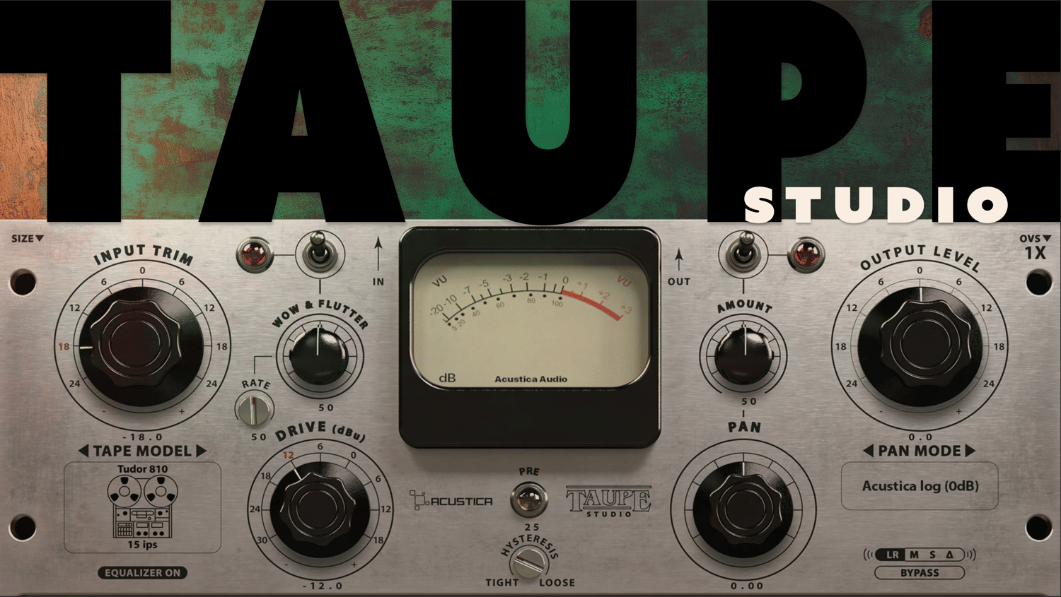 Acustica Audio Taupe Studio plugin interface — tape emulation with input trim, wow & flutter, drive & tape model controls