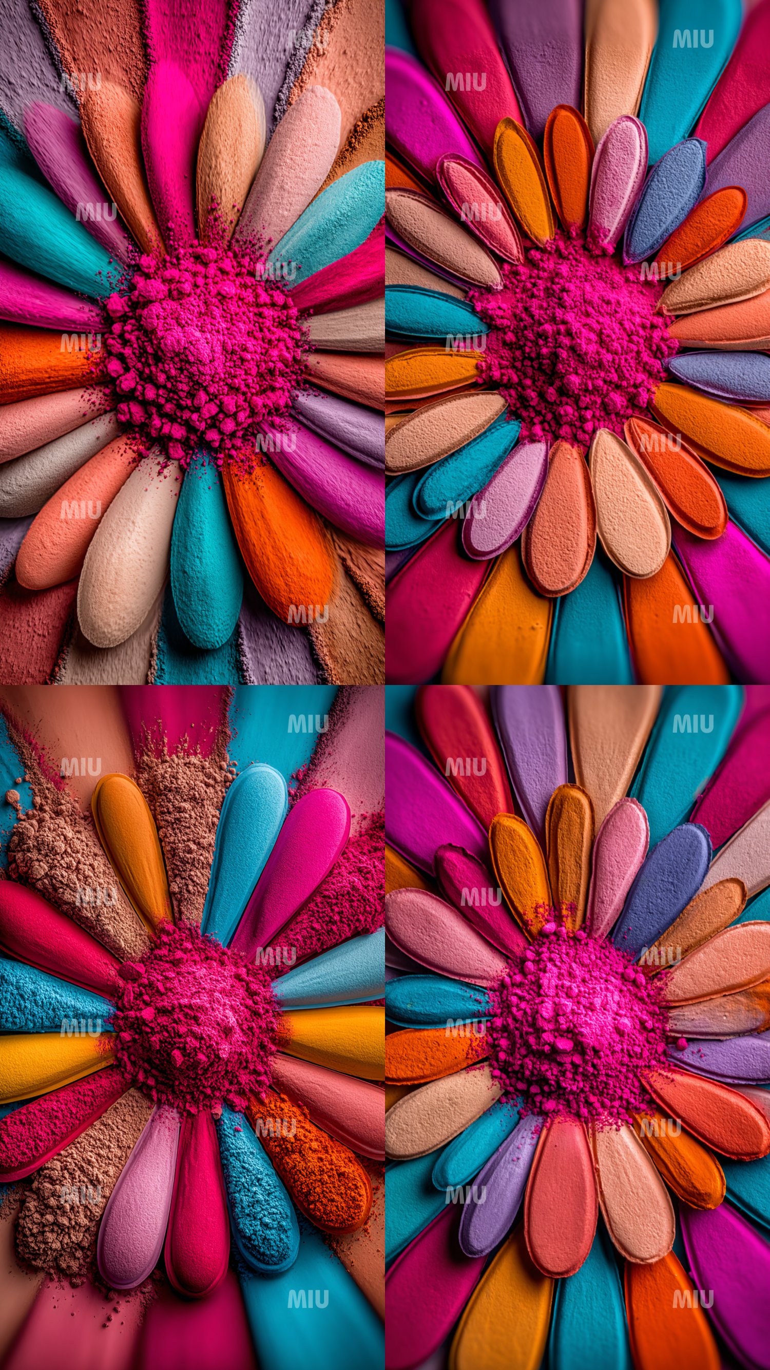 Montage de quatre visuels MIU représentant des fleurs artistiques en poudre colorée, avec un centre fuchsia vif et des pétales multicolores (turquoise, orange, rose, violet, beige). Images texturées de style cosmétique créatif, idéales pour branding, desi
