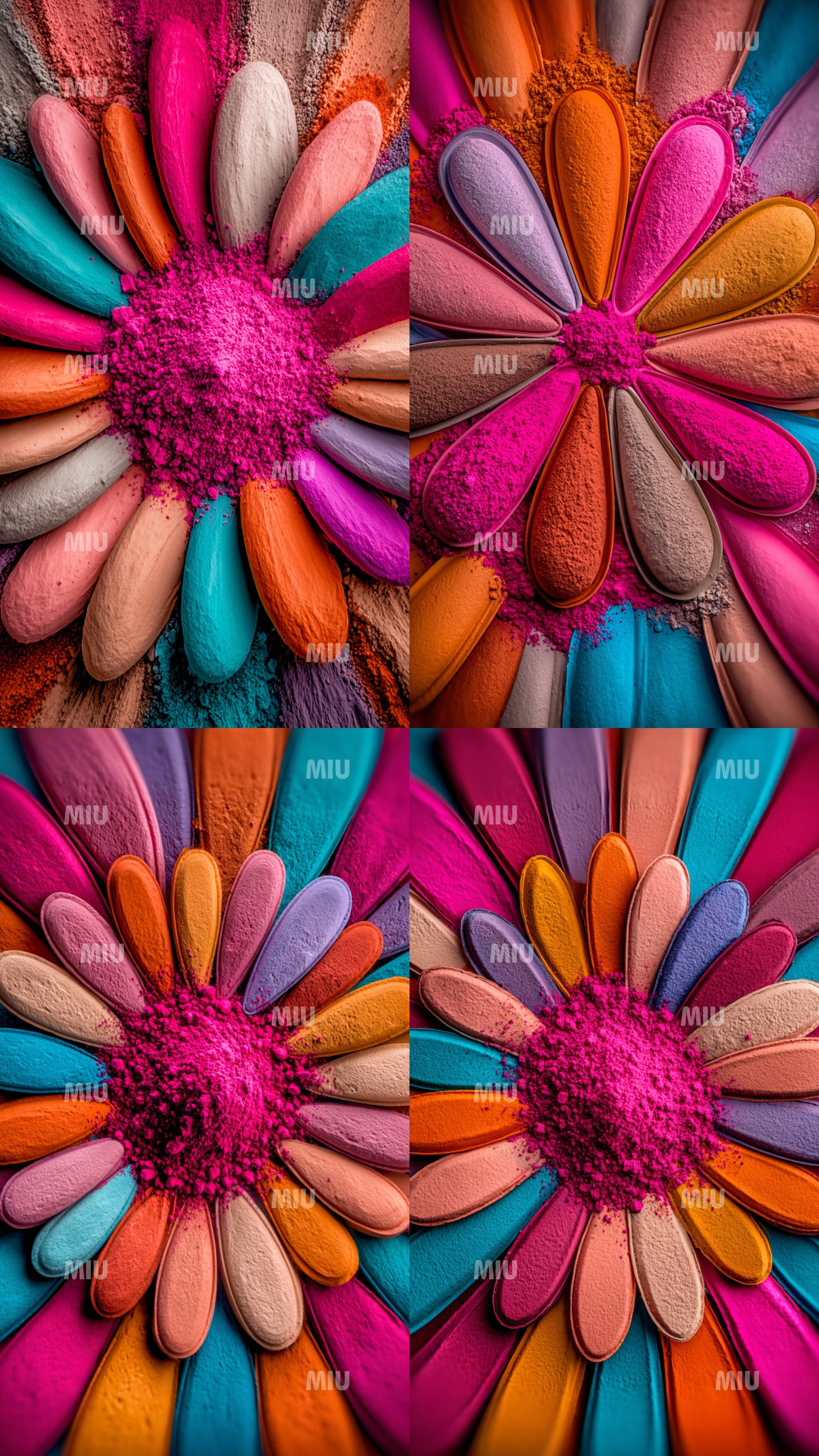 Montage de quatre visuels MIU représentant des fleurs abstraites composées de pétales en poudre colorée. Chaque image explore une palette éclatante mêlant fuchsia, turquoise, orange, rose, violet, beige et corail, disposée autour d’un centre texturé d’un