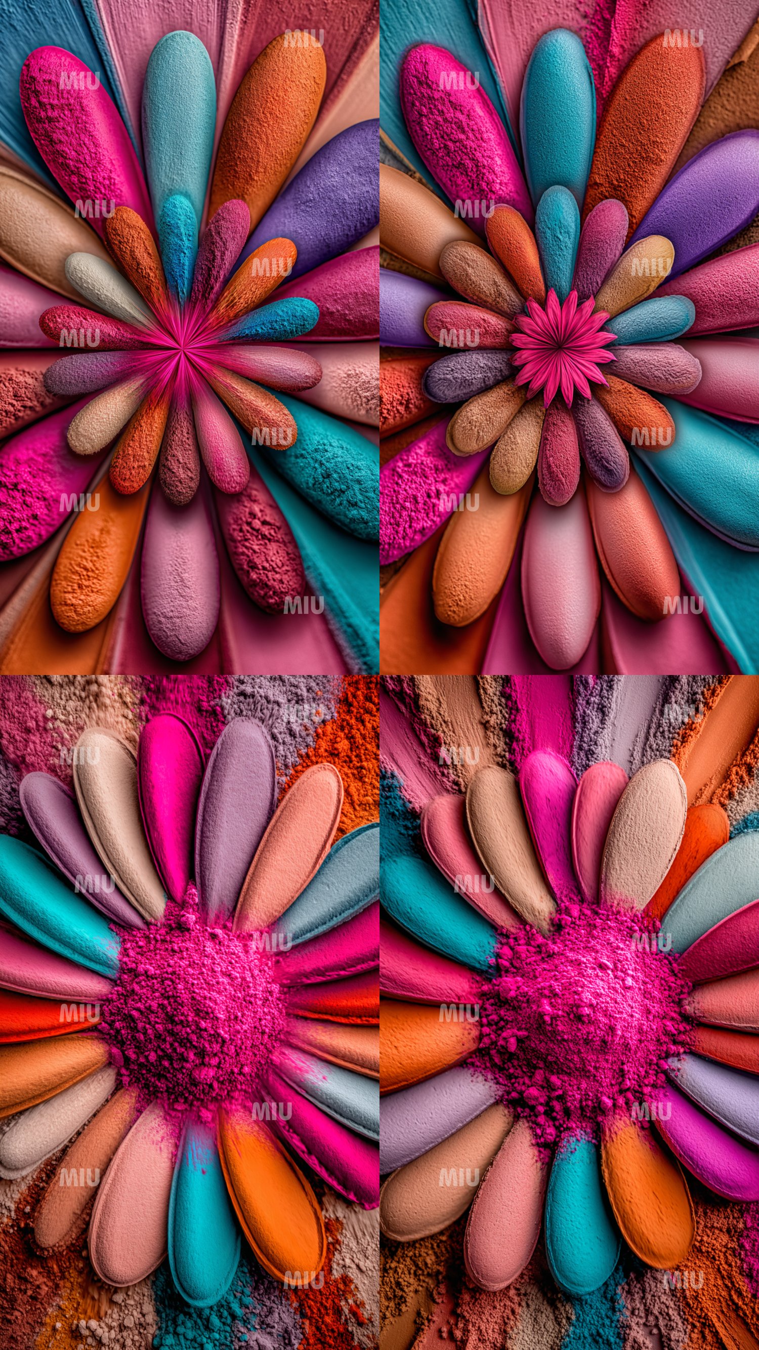 Montage de quatre visuels MIU représentant des fleurs abstraites créées à partir de pétales en poudre colorée. Chaque image dévoile des variations vibrantes autour d’un centre fuchsia éclatant, entouré de pétales texturés aux teintes turquoise, orange, ro