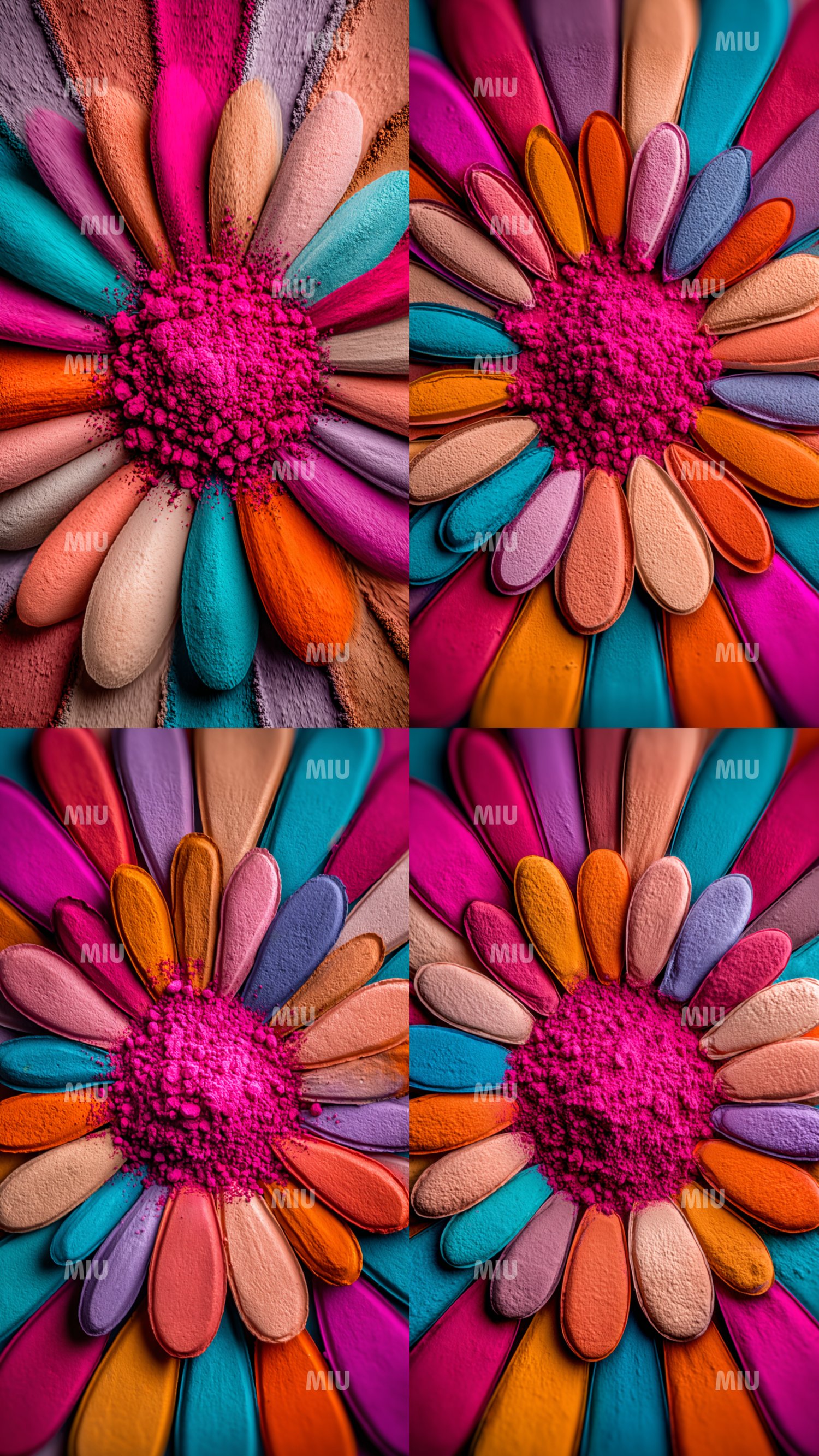 Montage de quatre visuels MIU représentant une fleur abstraite composée de pétales multicolores en texture poudreuse. Chaque panneau montre une variation vibrante autour d’un centre fuchsia intense, avec des teintes turquoise, orange, rose, violette et be