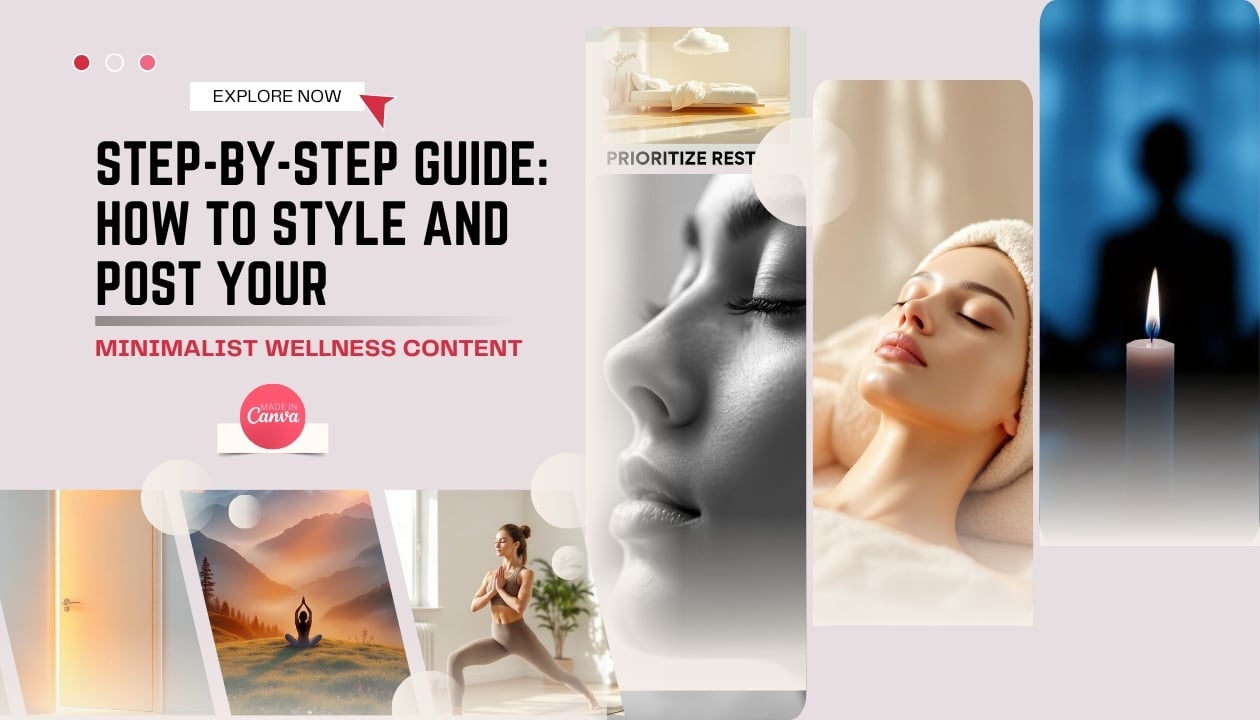 A three-image set promoting Wellness Canva Templates, featuring a step-by-step styling guide, 27 ready-to-post tips, and content on mindful moments, rest, and hydration.