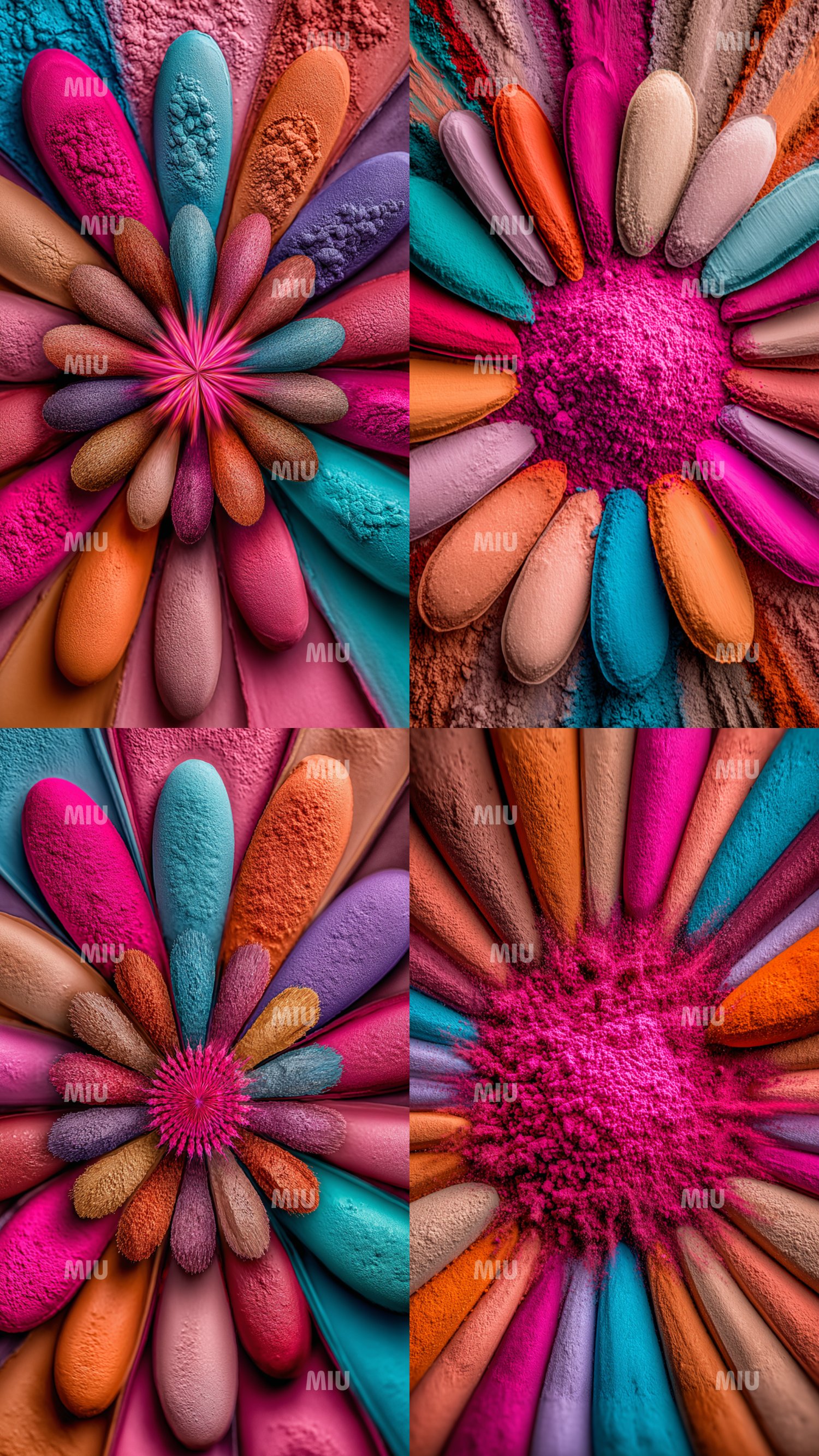 Montage de quatre créations florales MIU réalisées en pigments colorés. Chaque fleur est composée de pétales poudrés aux teintes rose, turquoise, orange, violet, beige et corail, avec un centre texturé vibrant. Les textures mates, la poudre éclatée et les