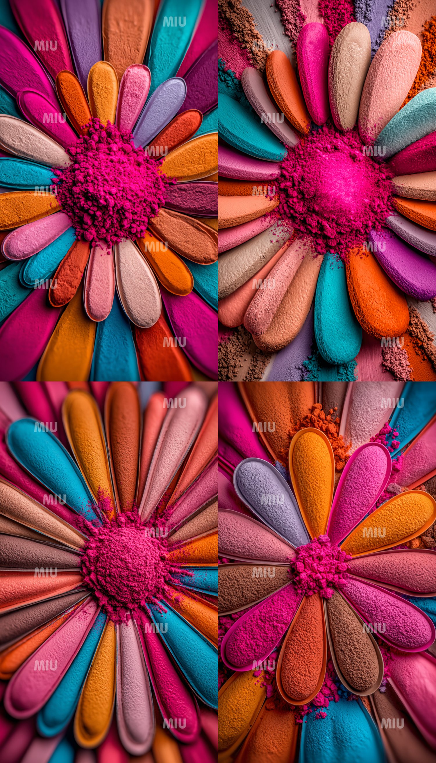 Montage de quatre fleurs pigmentaires MIU au style poudré et texturé, composées de pétales multicolores en dégradés de rose, orange, turquoise, beige et violet. Chaque visuel montre une explosion de pigments au centre de la fleur, créant un effet artistiq