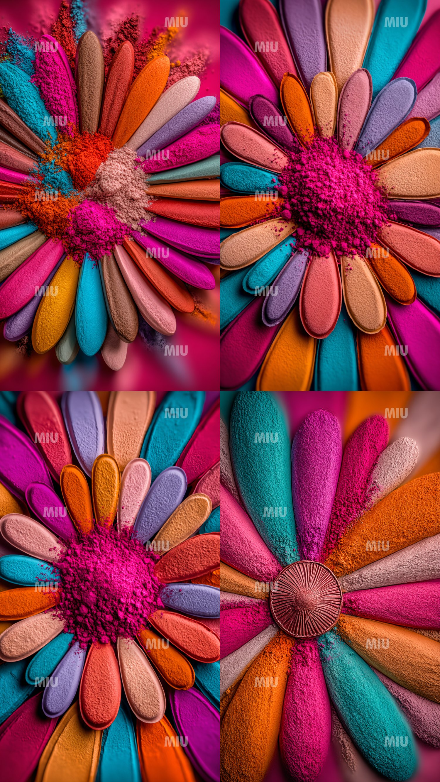 Montage de quatre créations florales MIU réalisées en pigments colorés. Chaque fleur est composée de pétales texturés aux teintes rose, turquoise, orange, violet, beige et corail, avec un centre poudré vibrant. Les couleurs explosives et la matière granul