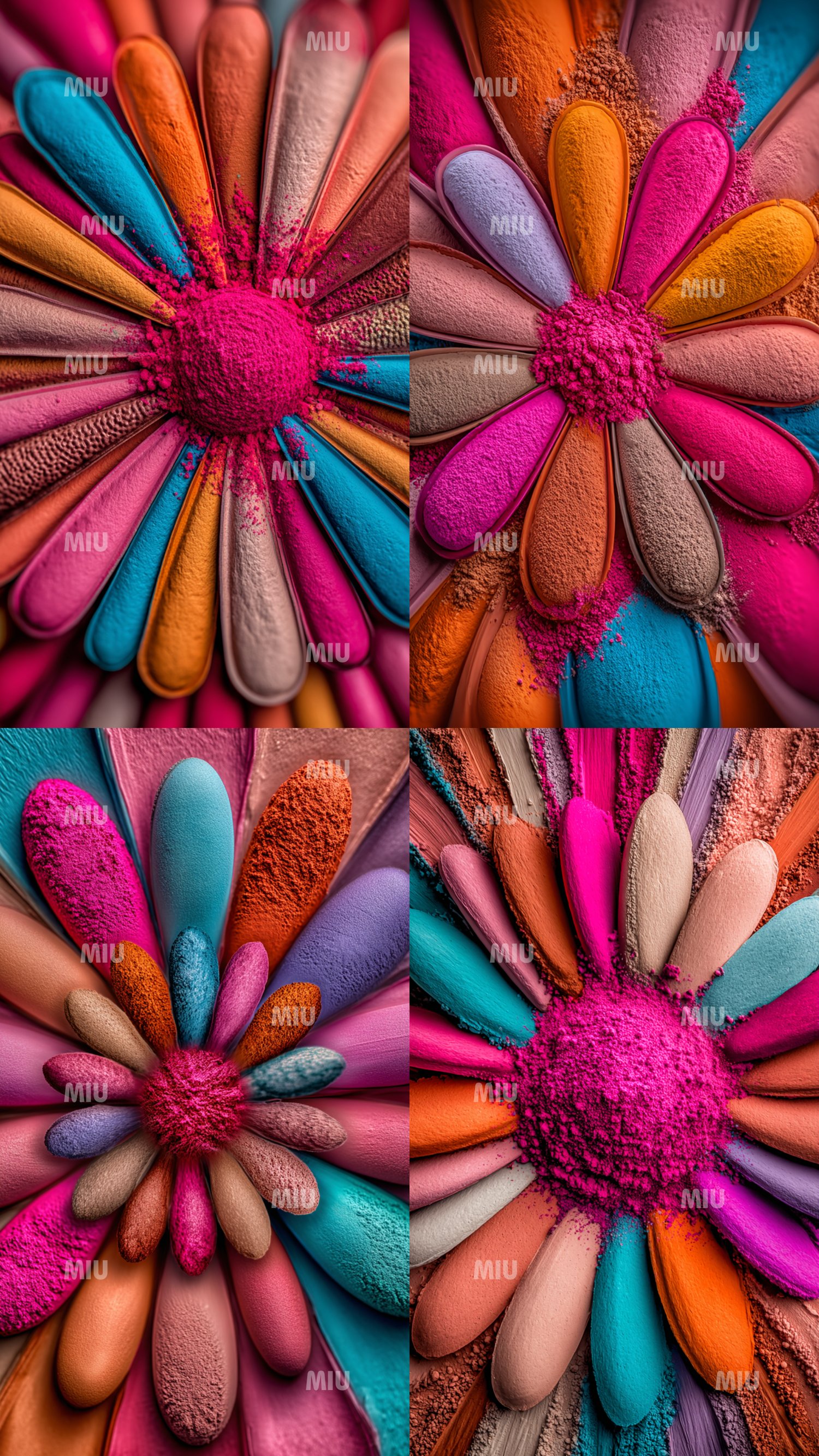 Montage de quatre fleurs artistiques MIU réalisées en pigments colorés, formées de pétales texturés aux tons rose, turquoise, orange, violet et beige. Chaque visuel montre une explosion de poudre au centre, créant un effet vibrant et dynamique. Style flor