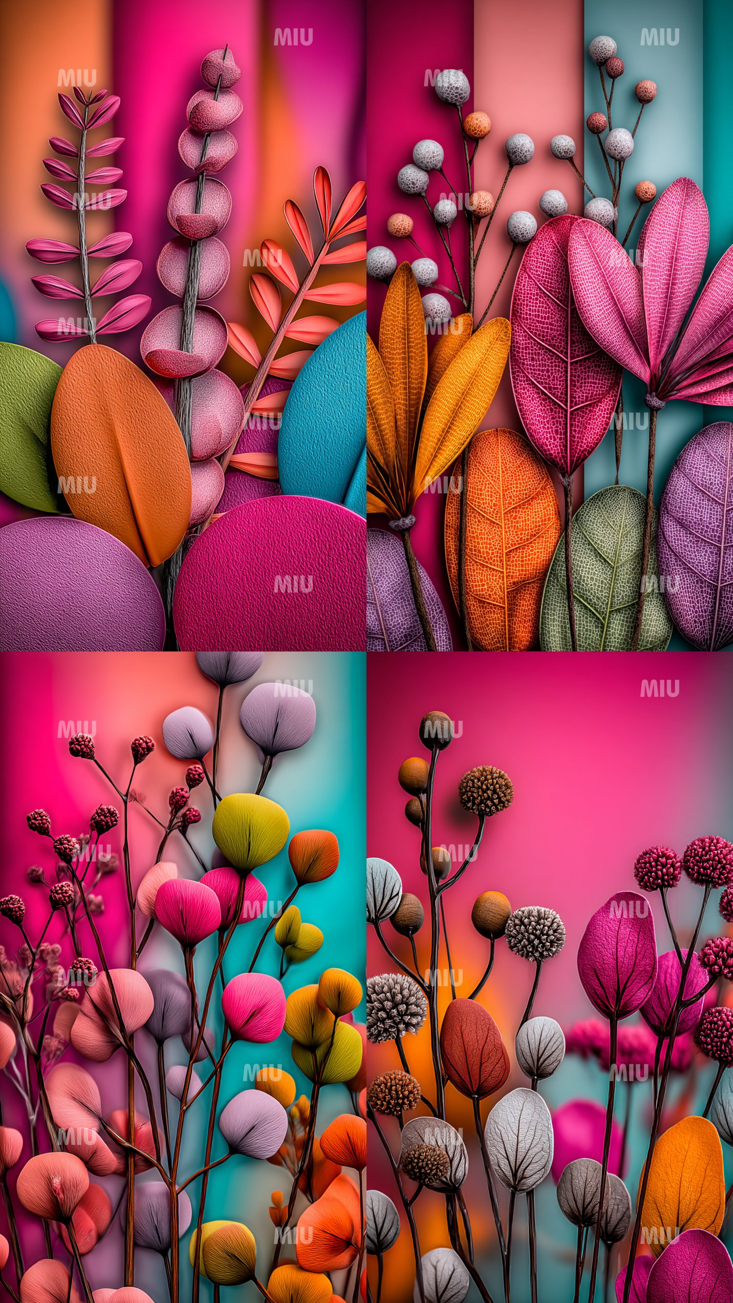 Montage de quatre visuels botaniques texturés dans l’univers coloré MIU, présentant des feuilles sculptées, tiges fines, bourgeons ronds et formes florales stylisées en rose, turquoise, orange et violet sur des fonds dégradés modernes.