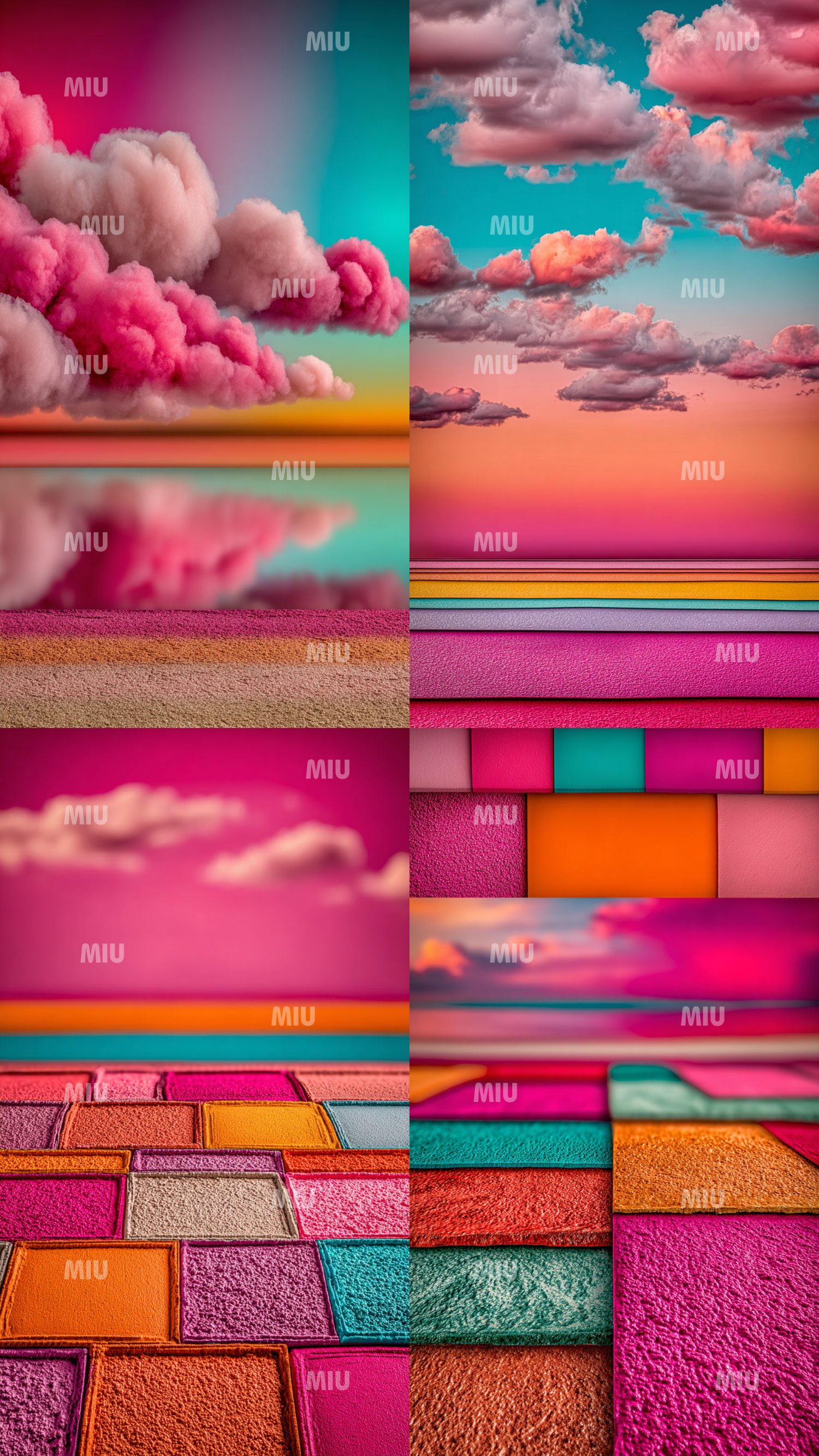 Nuages volumineux rose et turquoise, ciels dégradés orange-rose, textures sableuses colorées, blocs géométriques en tons fuchsia, turquoise, orange et beige. Chaque image combine pastel vibrant, matières sculptées et compositions graphiques pour créer des