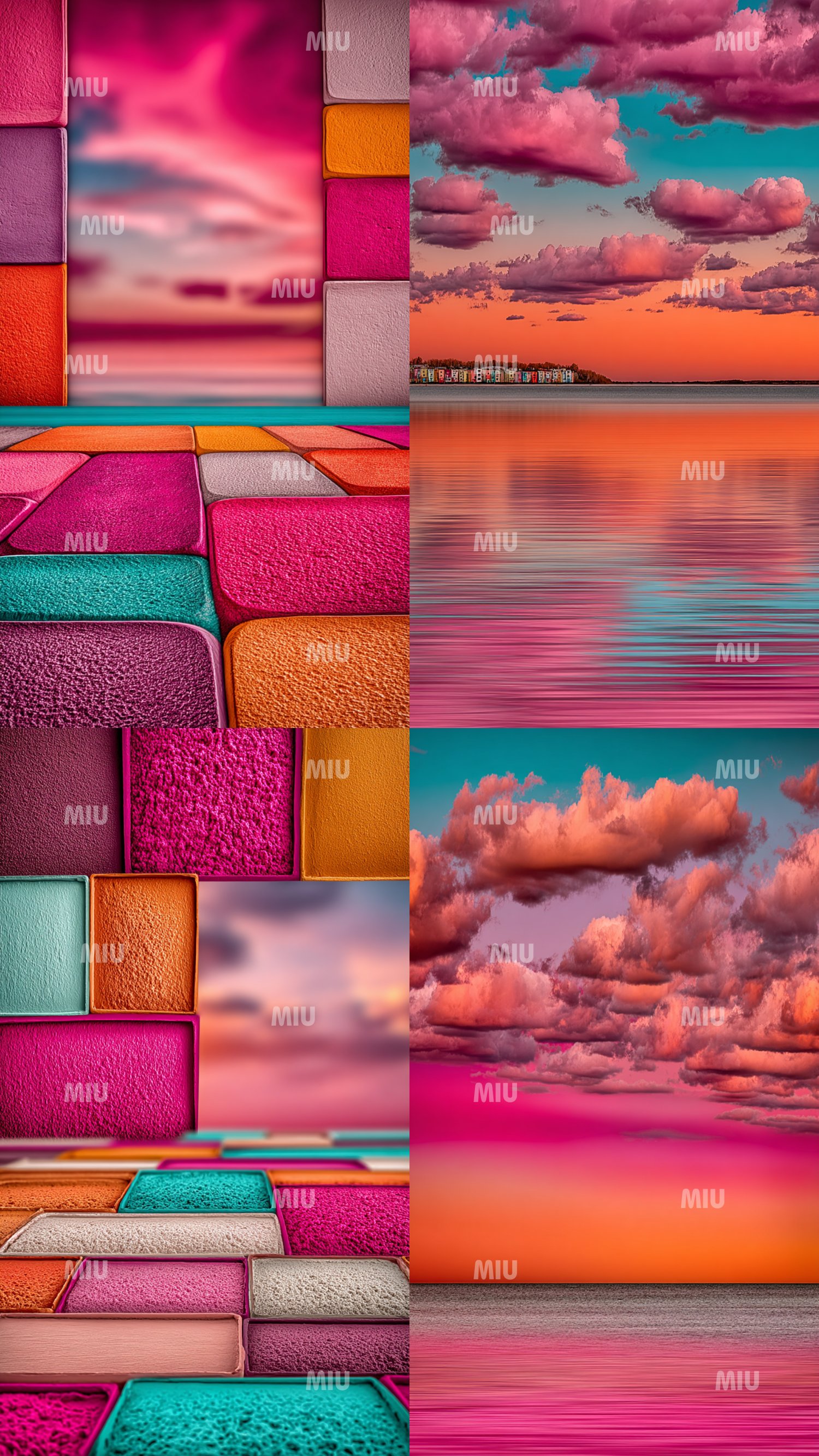 Montage de quatre visuels Geometries Pastel dans l’univers MIU : compositions mêlant blocs texturés en couleurs vives (rose, fuchsia, turquoise, orange) et paysages pastel avec ciels nuageux rose-orangé, reflets sur l’eau et horizons dégradés. Le contrast
