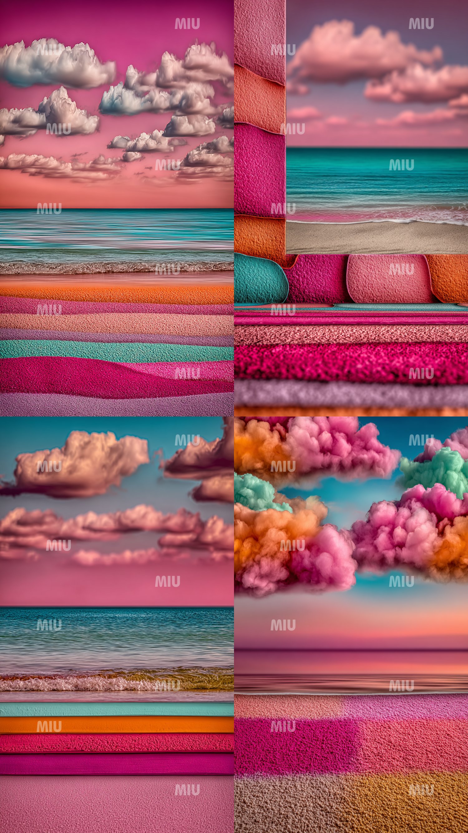 Montage de quatre images MIU du pack Horizons Chromatiques mêlant mer turquoise, ciels roses nuageux et textures de sable coloré en couches successives. Le collage présente des nuages volumineux orange et fuchsia, des bandes horizontales texturées et des