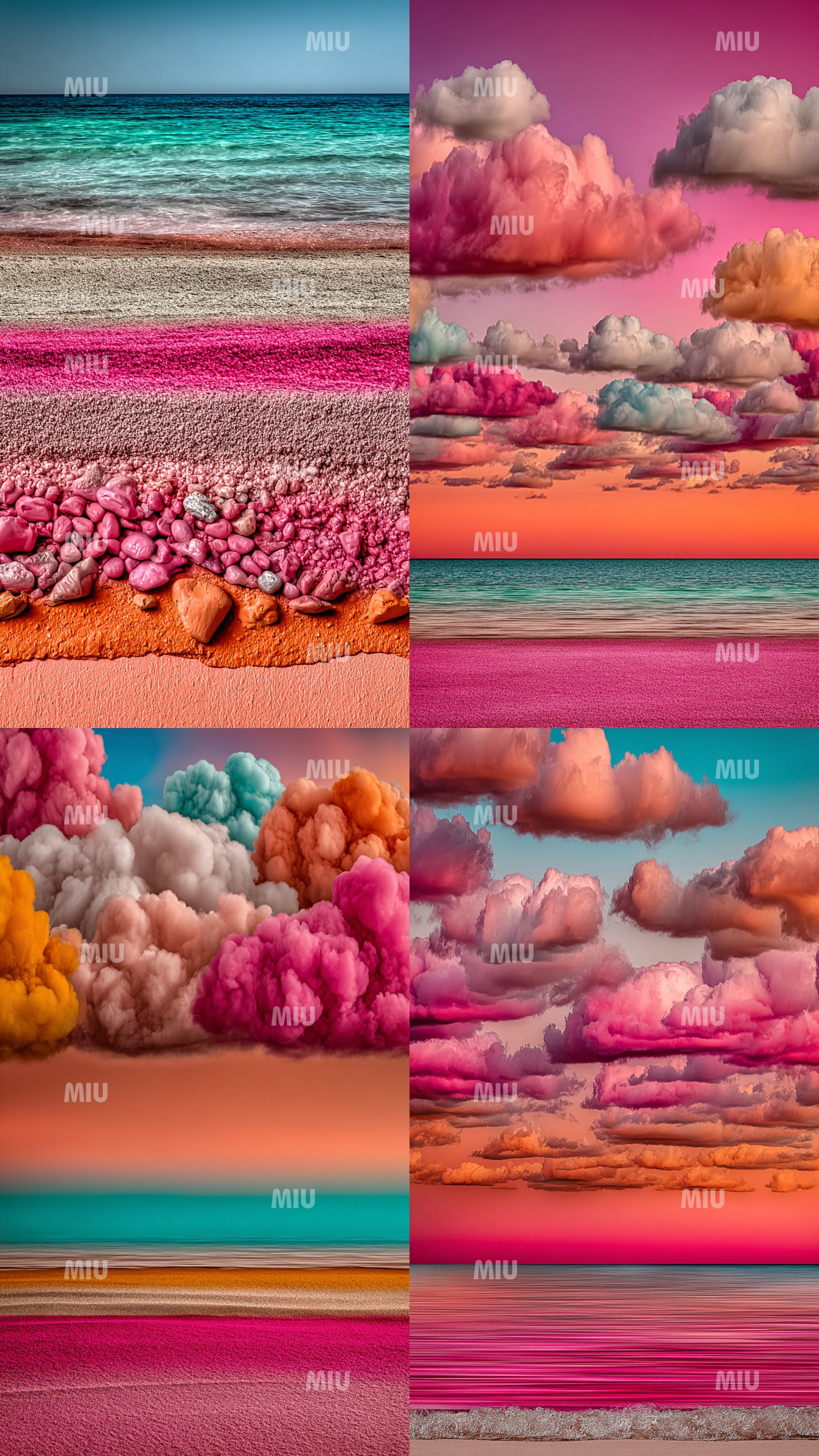 Montage de quatre visuels MIU du pack Horizons Chromatiques, représentant des paysages marins stylisés en dégradés rose, turquoise et corail. Le collage montre des nuages volumineux façon coton, une mer turquoise douce et des couches de textures sableuses
