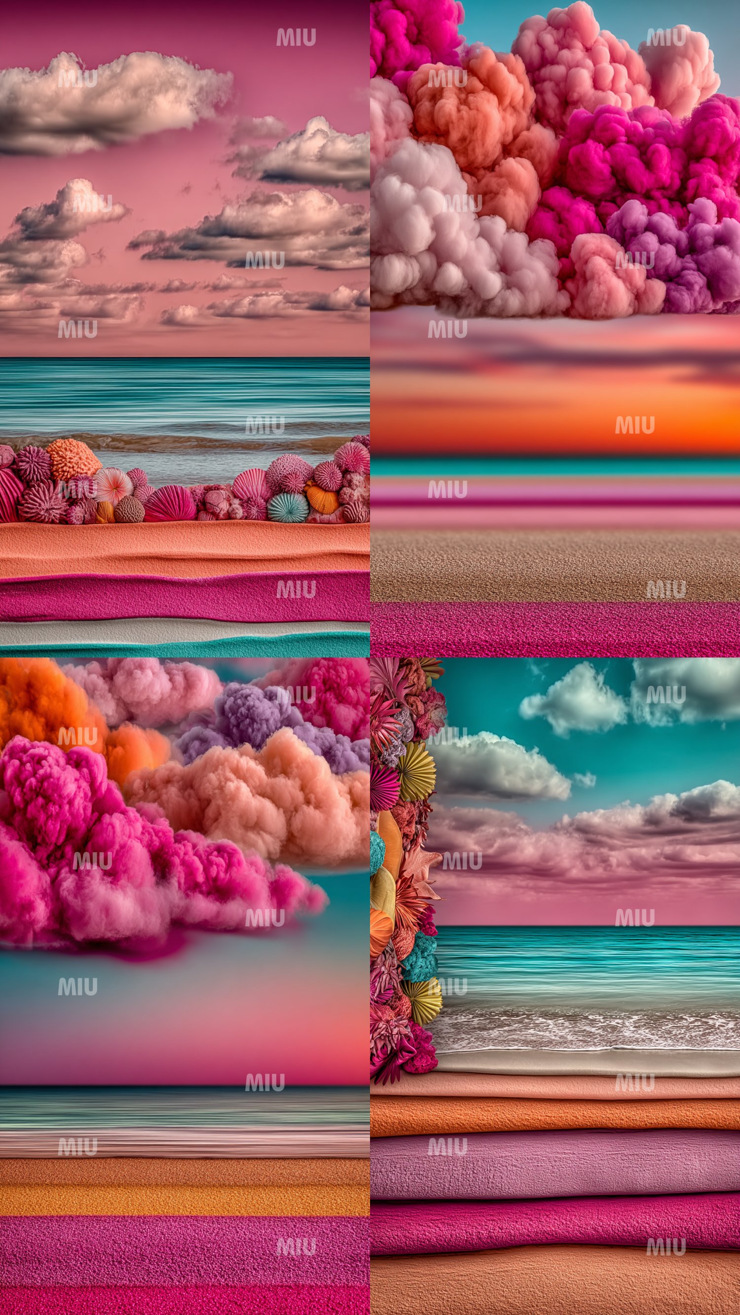 Montage de quatre visuels MIU alliant mer calme, ciels saturés et textures minérales en dégradés. On y voit des nuages roses et pêche, des bandes de sable coloré du fuchsia au beige, des pierres texturées et une mer turquoise lumineuse. L’ensemble compose