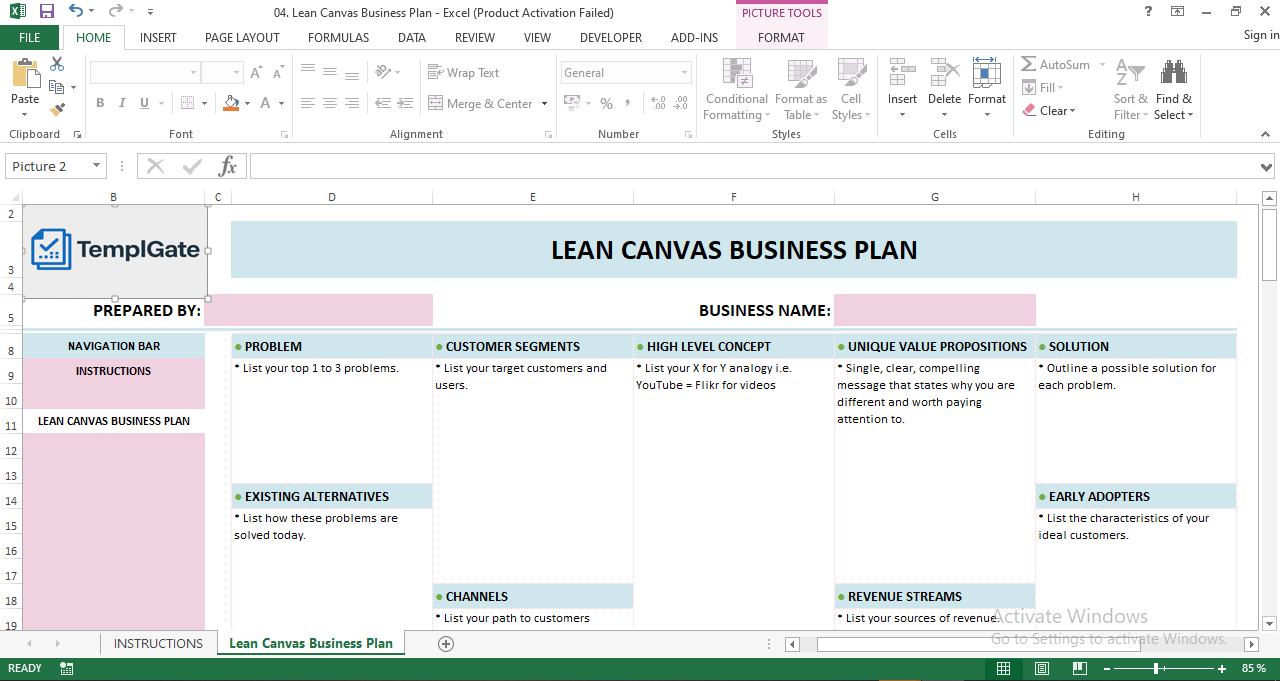 Lean Canvas Business Plan Excel template showing startup business model blocks including problem, solution, customer segments, revenue streams, and unique value proposition.