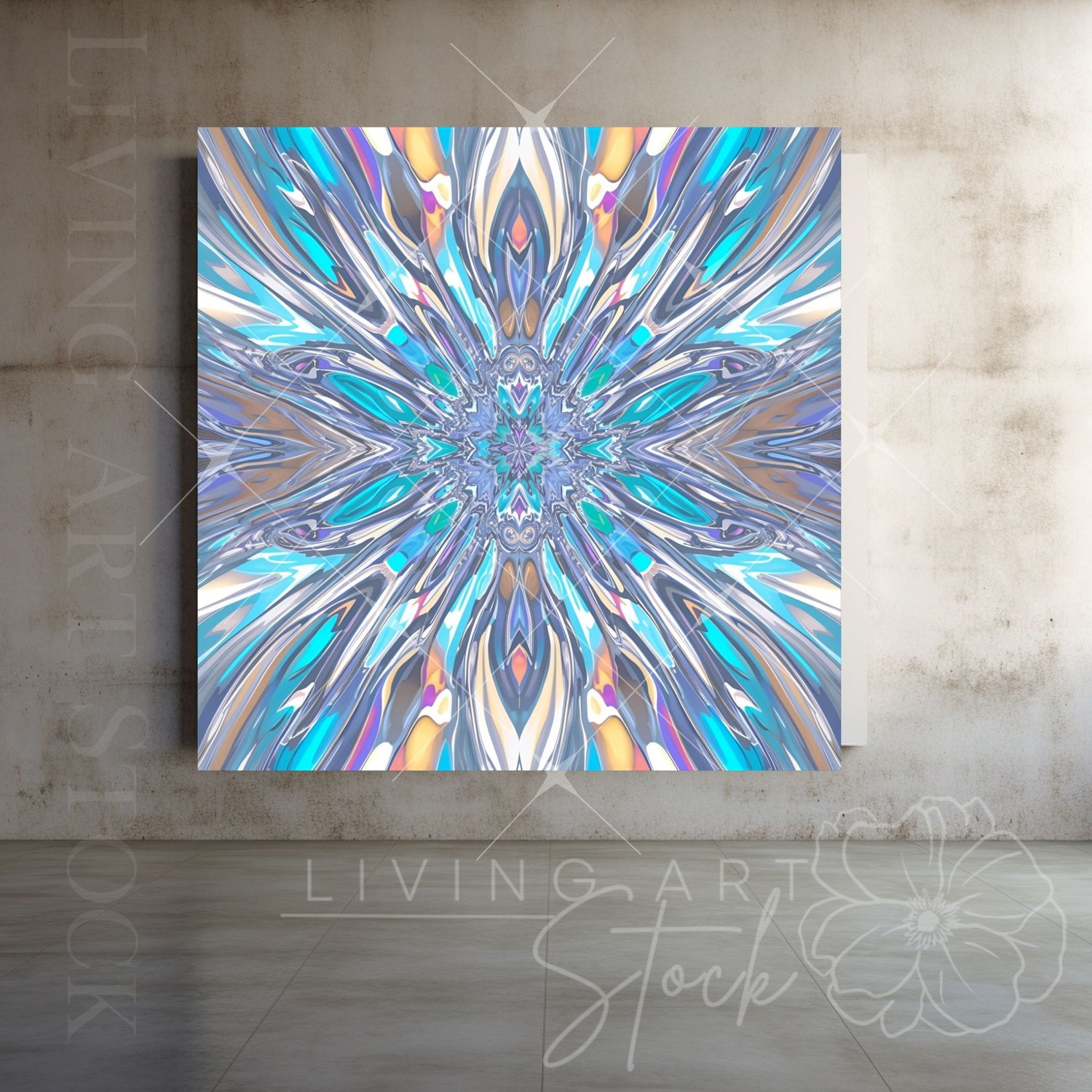 A complex, digitally generated abstract pattern featuring a symmetrical, kaleidoscopic design that radiates outwards from a central point. The texture is highly reflective, mimicking polished metal or faceted crystal, with a strong holographic effect that