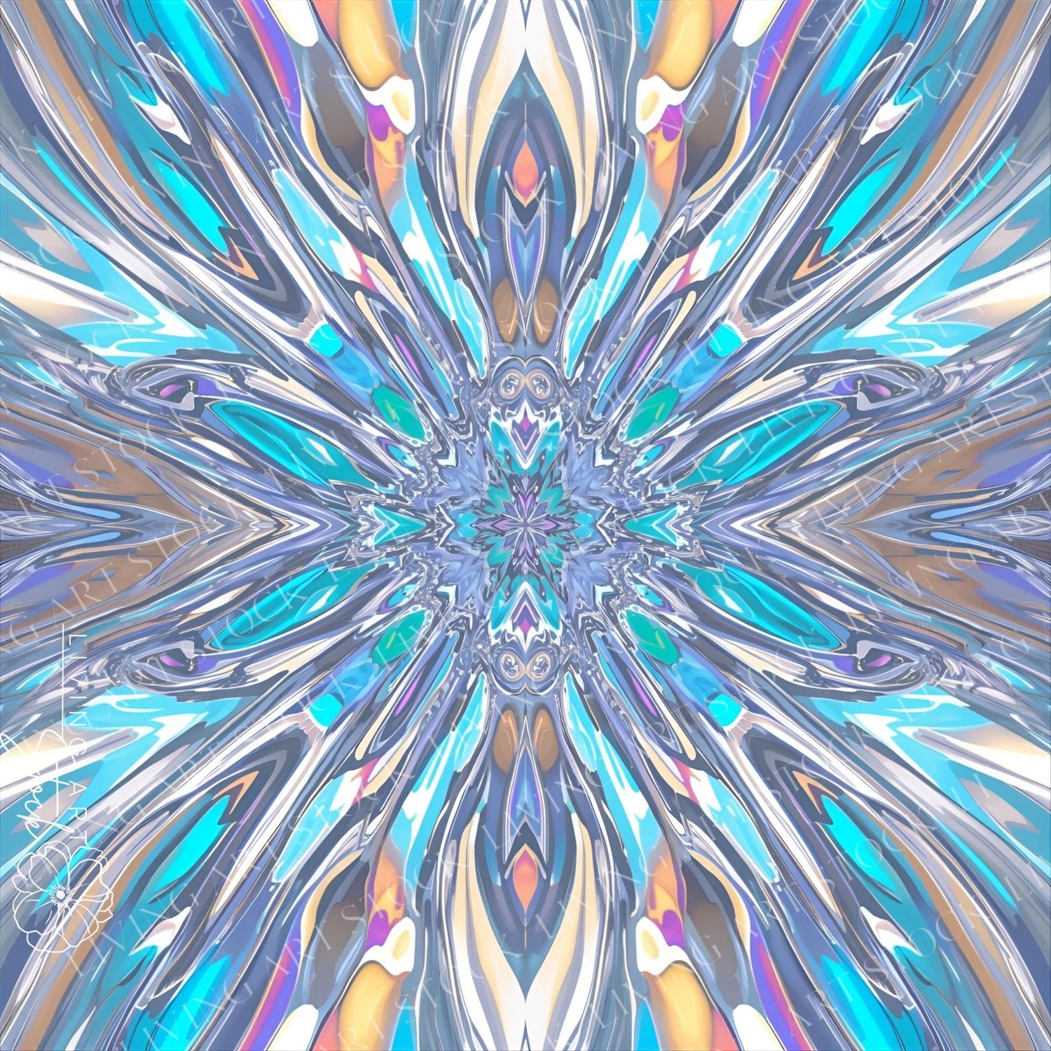 A complex, digitally generated abstract pattern featuring a symmetrical, kaleidoscopic design that radiates outwards from a central point. The texture is highly reflective, mimicking polished metal or faceted crystal, with a strong holographic effect that