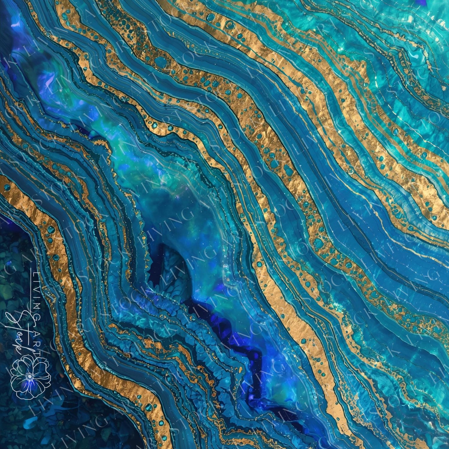 A striking and deeply saturated abstract background texture featuring multiple parallel, wavy layers of intense blue and turquoise, reminiscent of deep ocean currents or polished agate. The patterns are cut through by numerous fine and thick lines of shim