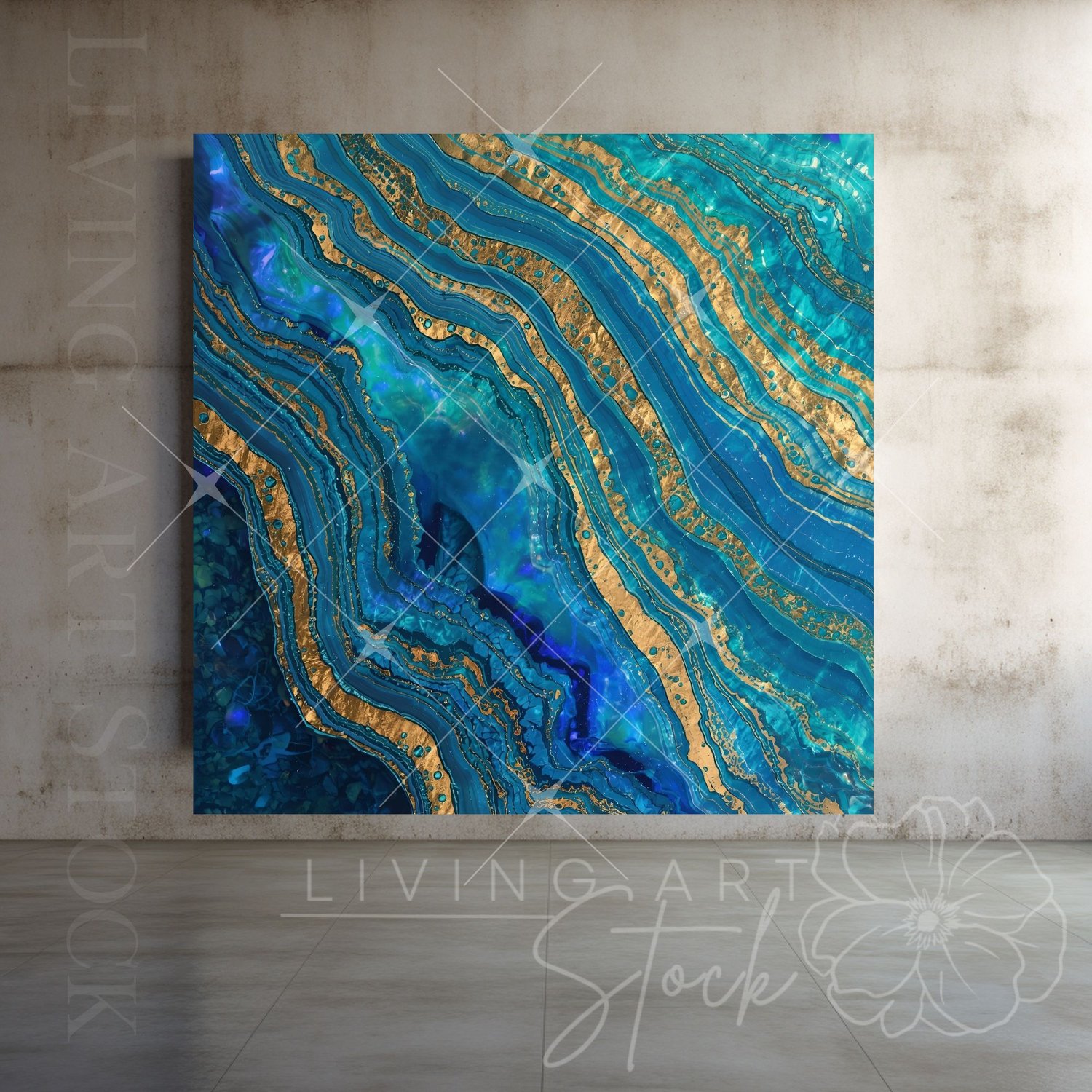 A striking and deeply saturated abstract background texture featuring multiple parallel, wavy layers of intense blue and turquoise, reminiscent of deep ocean currents or polished agate. The patterns are cut through by numerous fine and thick lines of shim