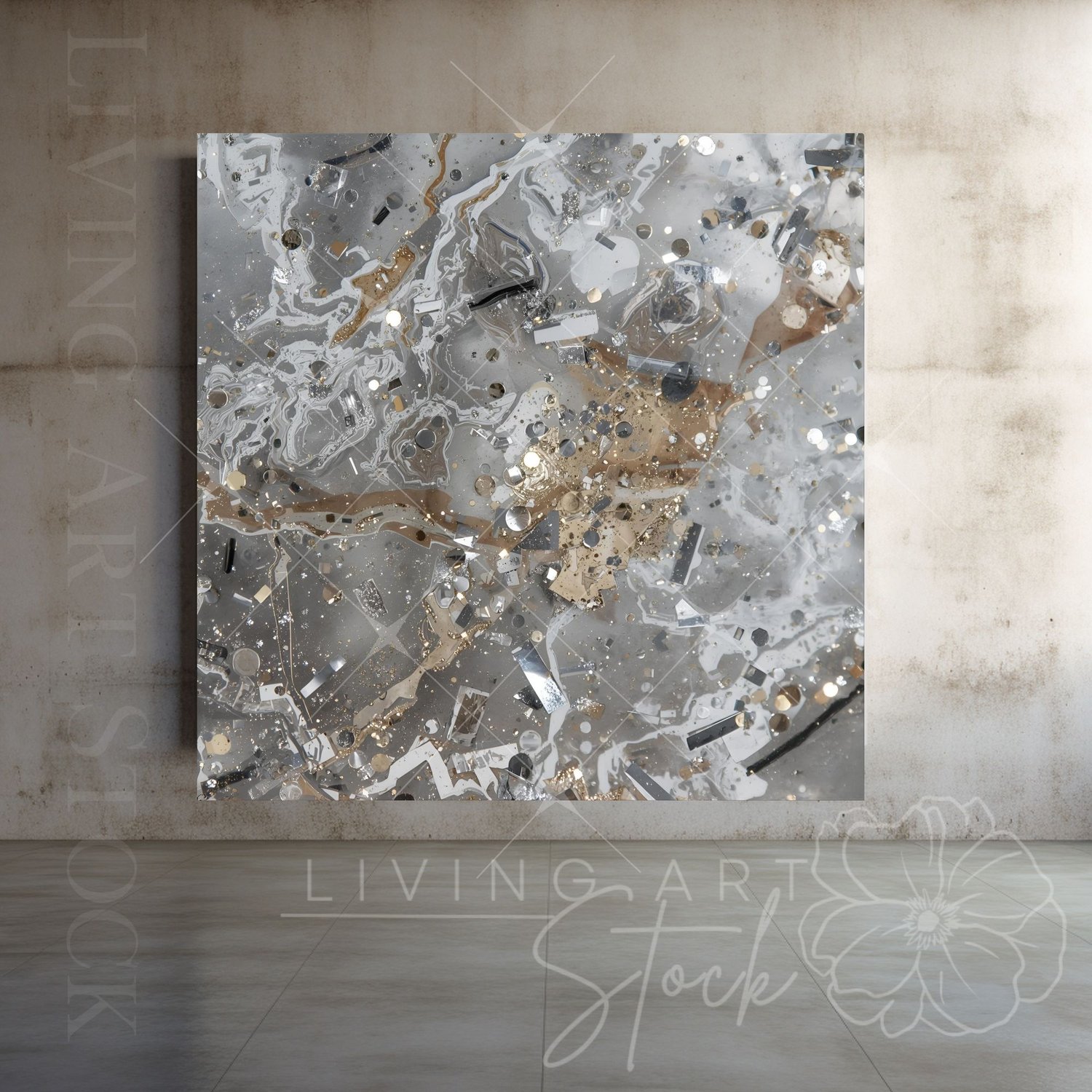 A festive and luxurious abstract background texture composed of swirling fluid patterns in cool shades of gray, white, and light taupe, overlaid with a dynamic mix of silver and gold metallic confetti and glitter. The surface features flowing streams of b