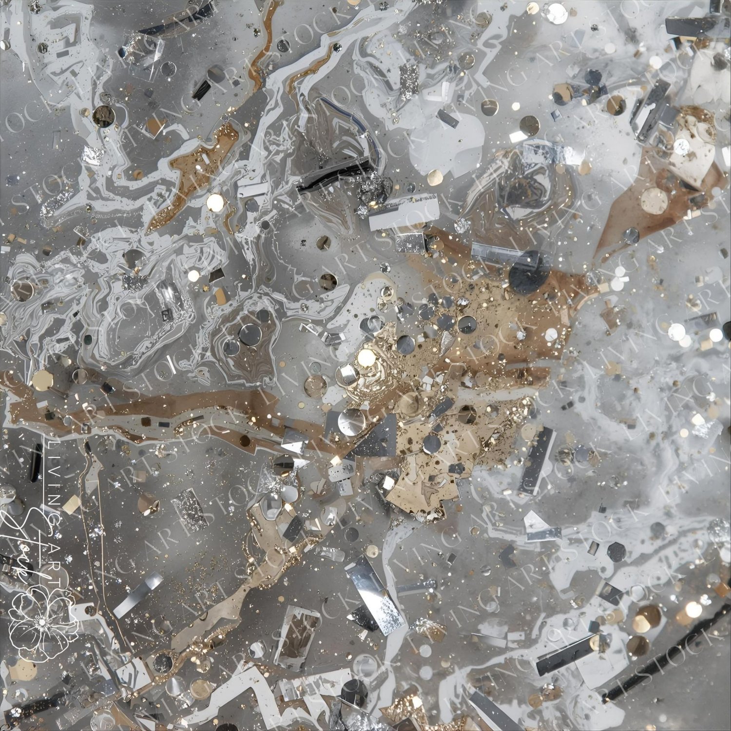 A festive and luxurious abstract background texture composed of swirling fluid patterns in cool shades of gray, white, and light taupe, overlaid with a dynamic mix of silver and gold metallic confetti and glitter. The surface features flowing streams of b