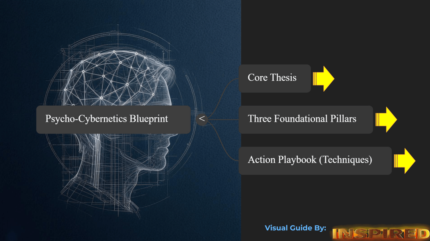 Psycho-Cybernetics Visual Blueprint Mind Map and 7-Day Action Playbook bundle displayed on tablet and print mockup. A complete system for self-image psychology and mental rehearsal.