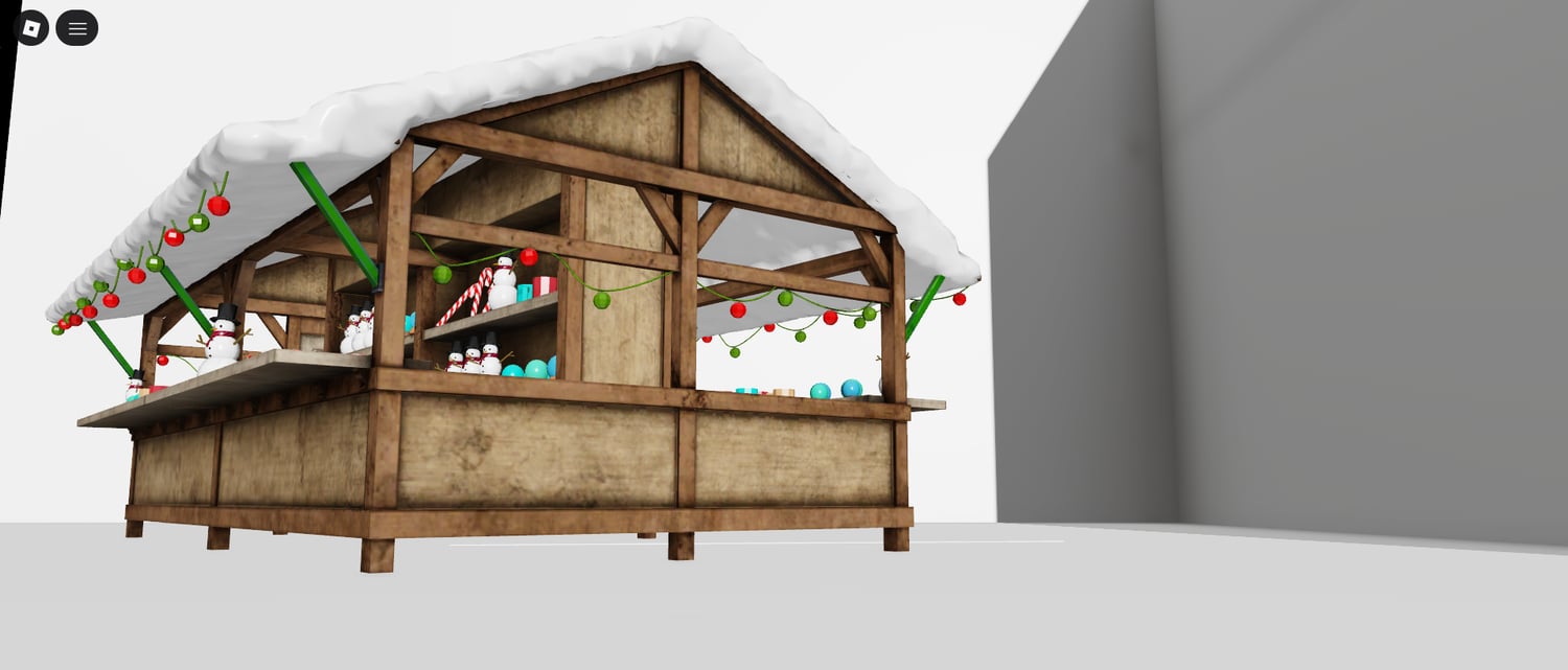 Players visiting decorated holiday market booth
