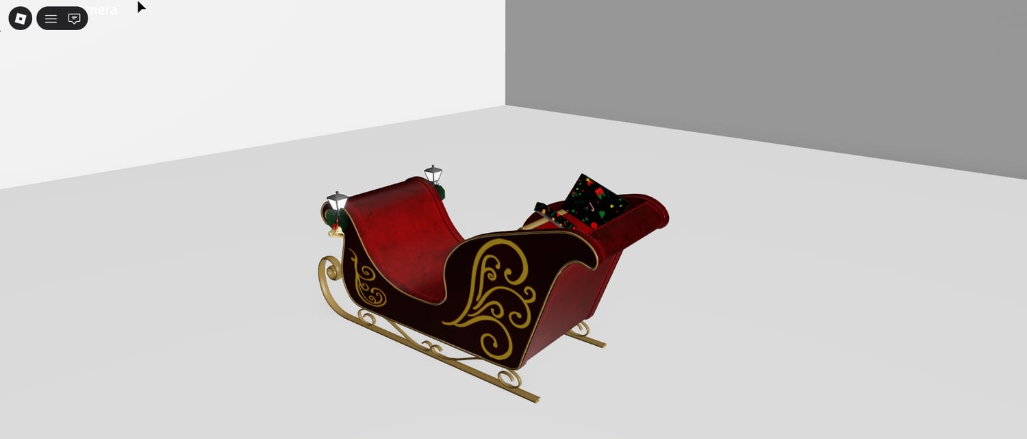 Sleigh parked near Christmas tree and decorations