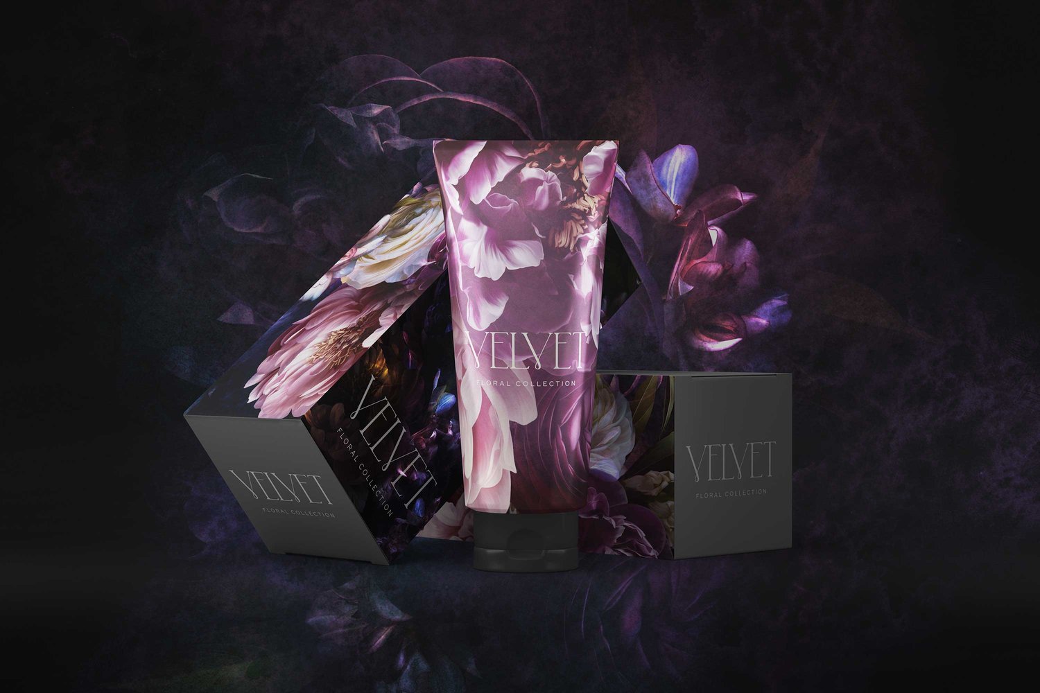 Dark pink and purple floral art graphics on a dark background with the words Velvet Floral Collection
