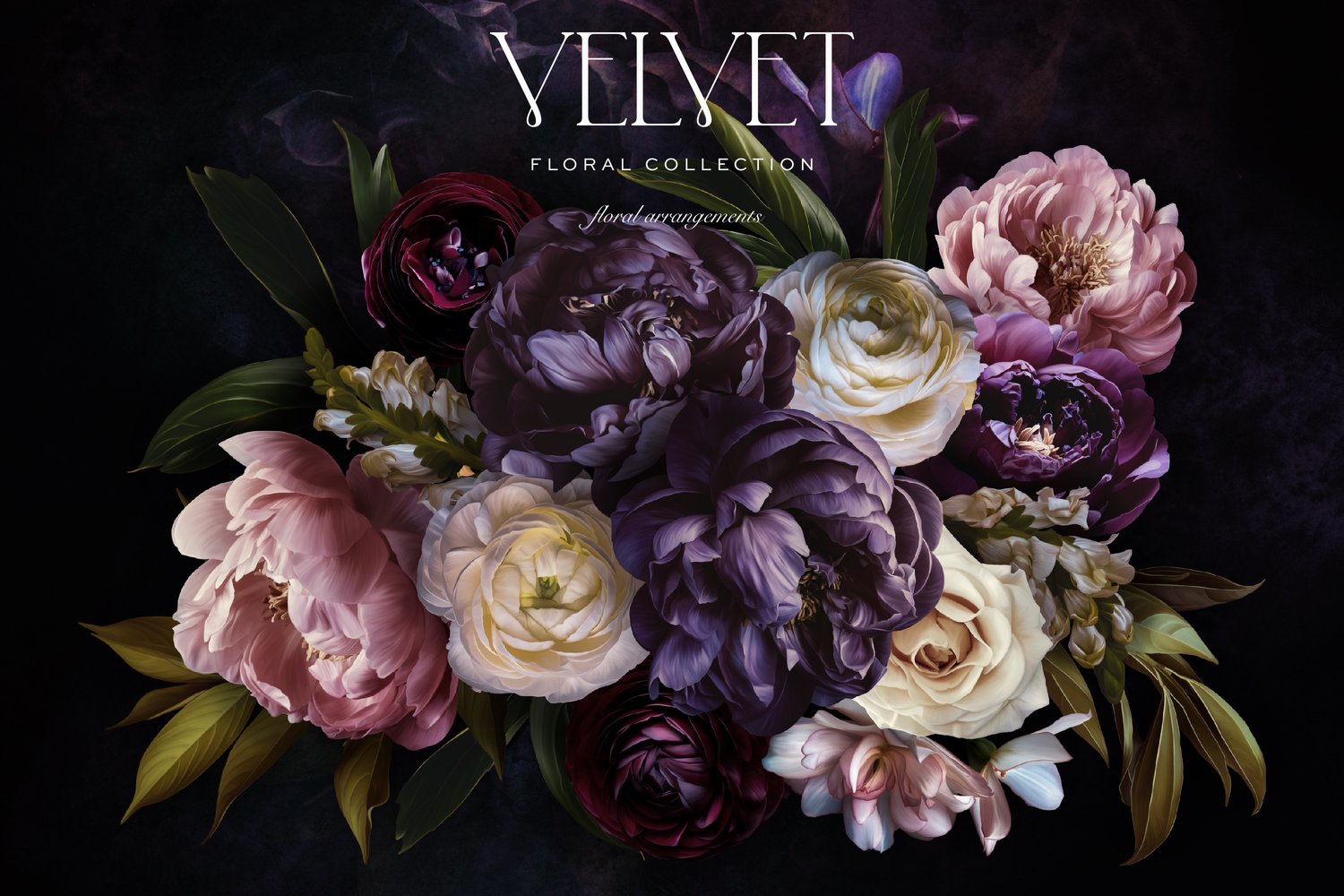 Dark pink and purple floral art graphics on a dark background with the words Velvet Floral Collection
