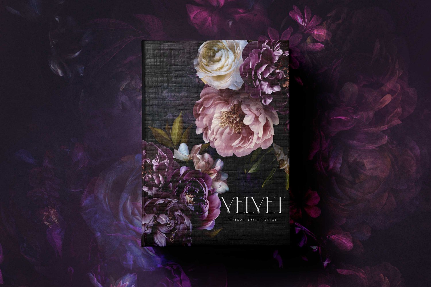 Dark pink and purple floral art graphics on a dark background with the words Velvet Floral Collection