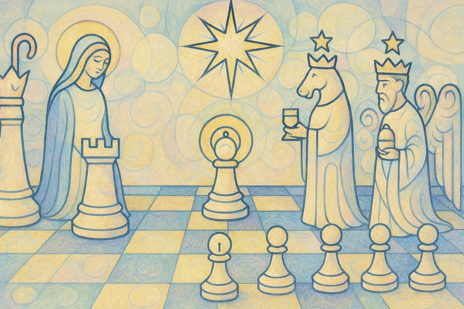Kerstverhaal als schaakpartij: het Christuskind als koning, Maria als koningin, engelen, herders en volk als schaakstukken op een bord.