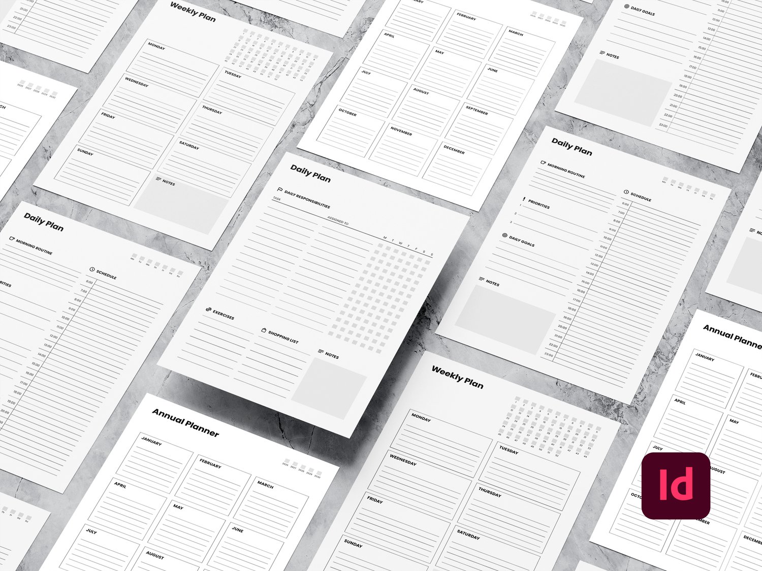 Mockup of different minimalist planner sheets (black and white) on a marble surface, with an InDesign icon in the bottom right corner.