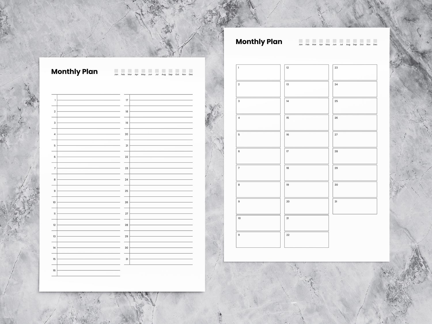 Mockup of two minimalist monthly planner sheets in black and white design, lying on a marble surface. The sheets contain 31 days in different layouts.